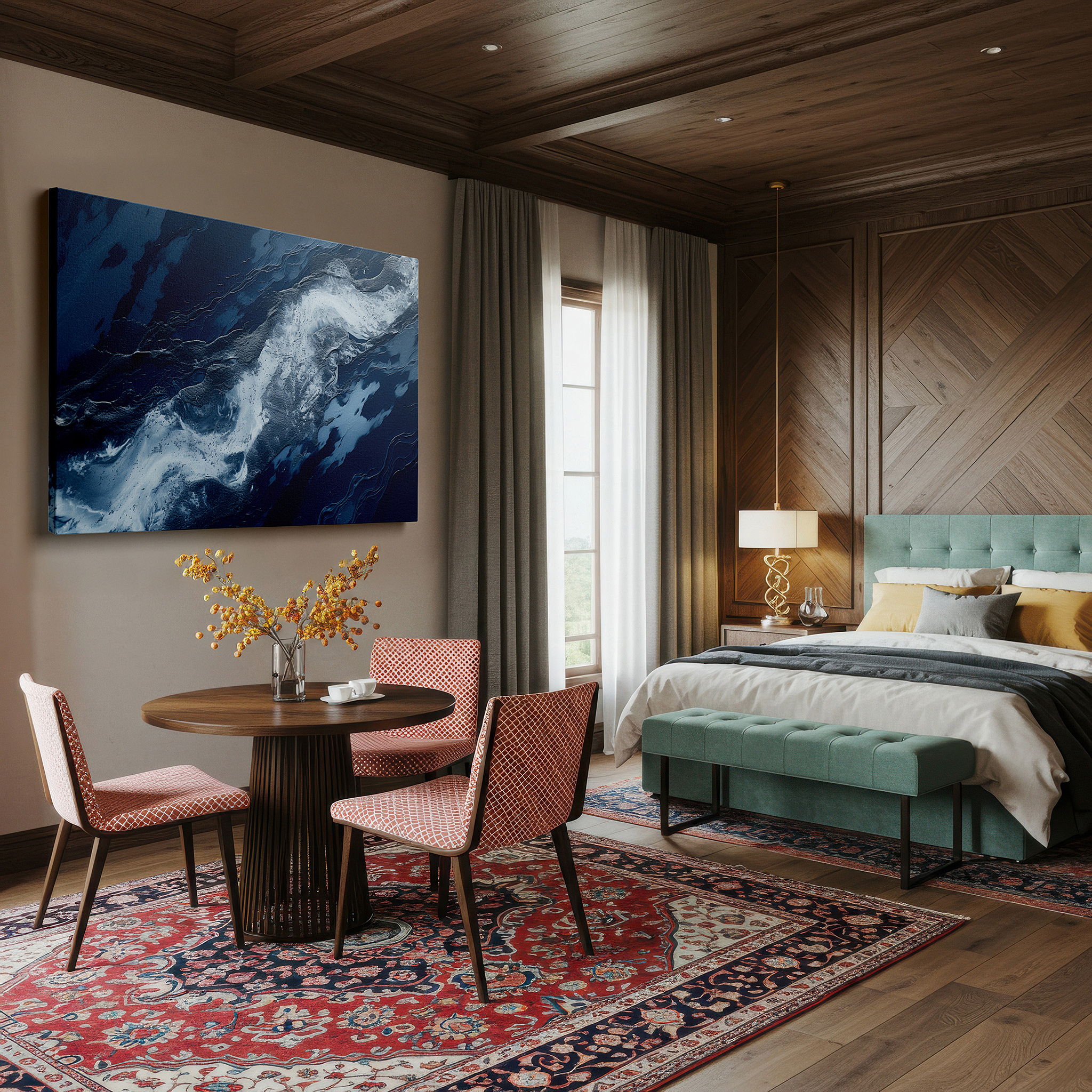 Bold and expansive at 90×60 cm — ideal for making a statement above large furniture — swirling ocean currents and serene blues aerial dance large wall art, canvas wall decor for office, bedroom, and living room