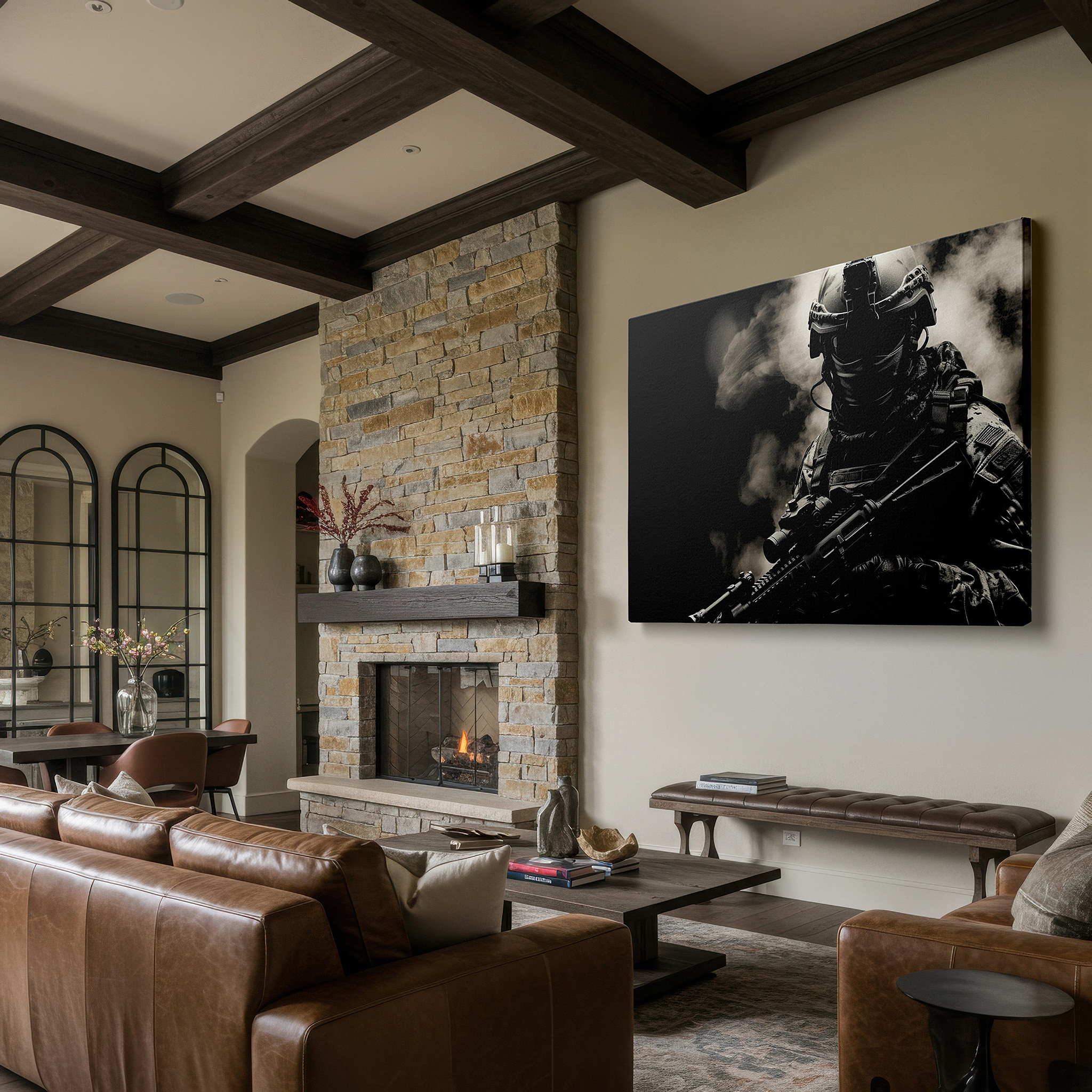 Bold and expansive at 90×60 cm — ideal for making a statement above large furniture — tactical soldier in smoke wall art, symbolizing valor and readiness, ideal for office and bedroom decor
