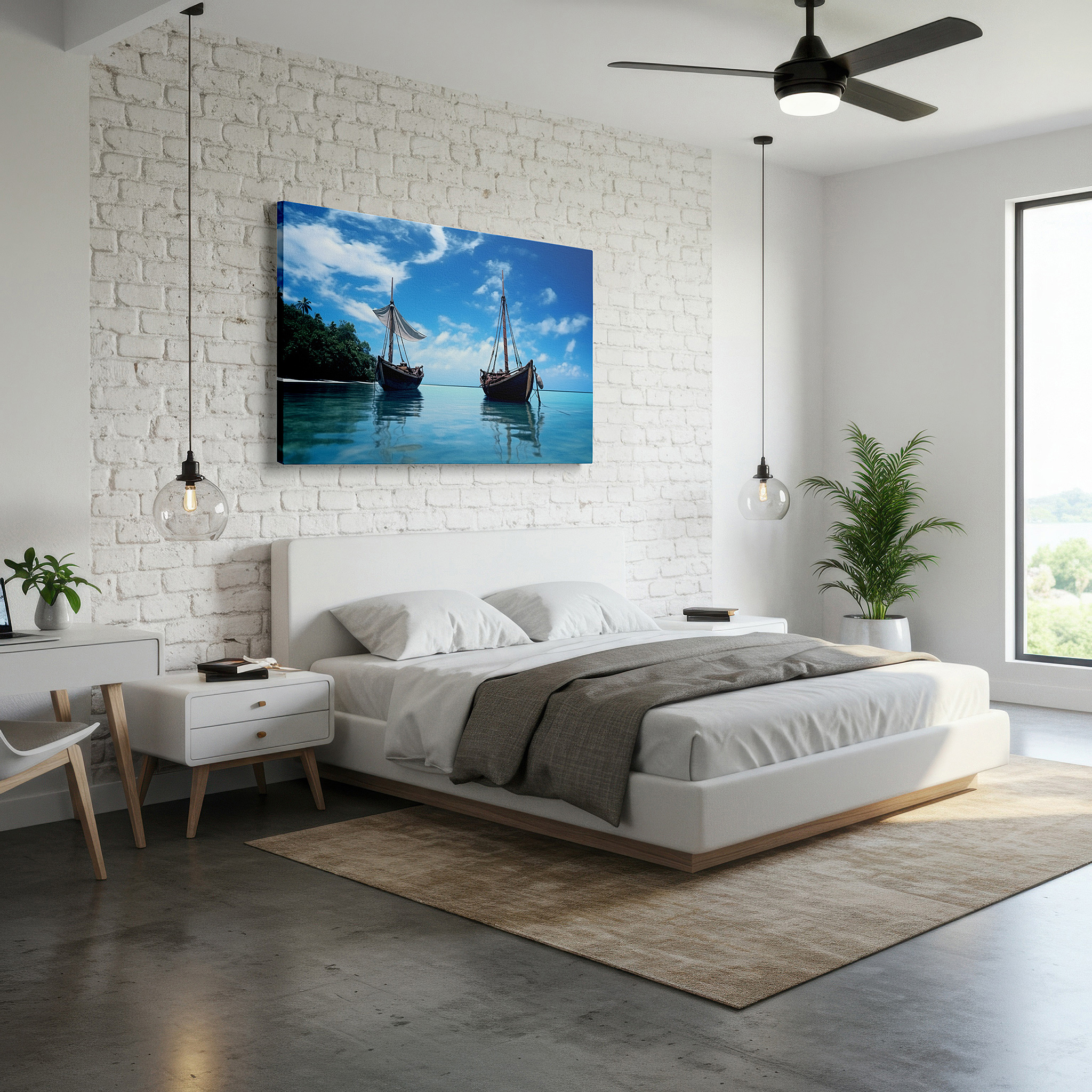 Bold and expansive at 90×60 cm — ideal for making a statement above large furniture — traditional boats on serene seascape: tranquil paradise large canvas wall art for office decor