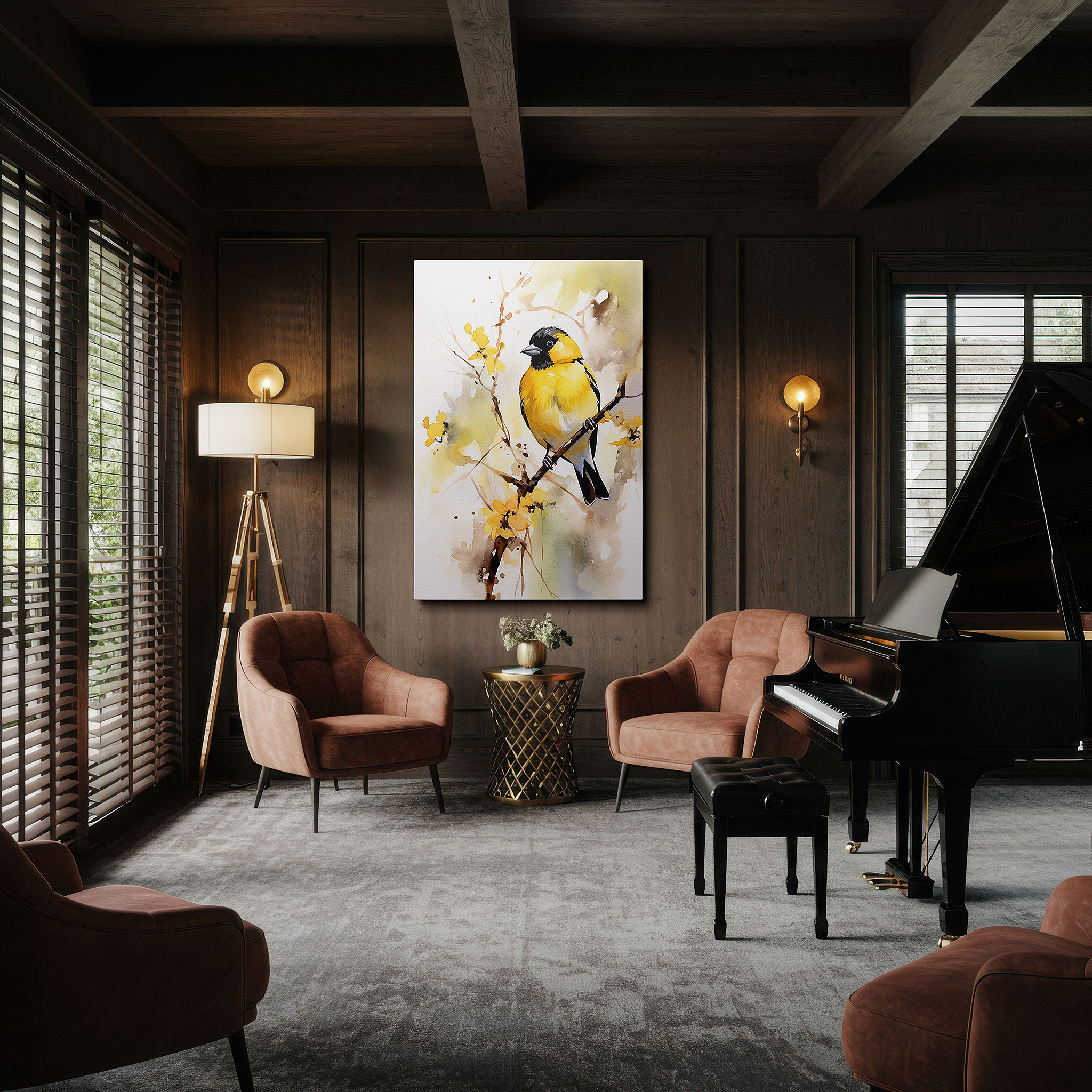 Bold and expansive at 90×60 cm — ideal for making a statement above large furniture — tranquil dawn light featuring serene yellow bird on blossoming branch - large canvas wall art for office decor