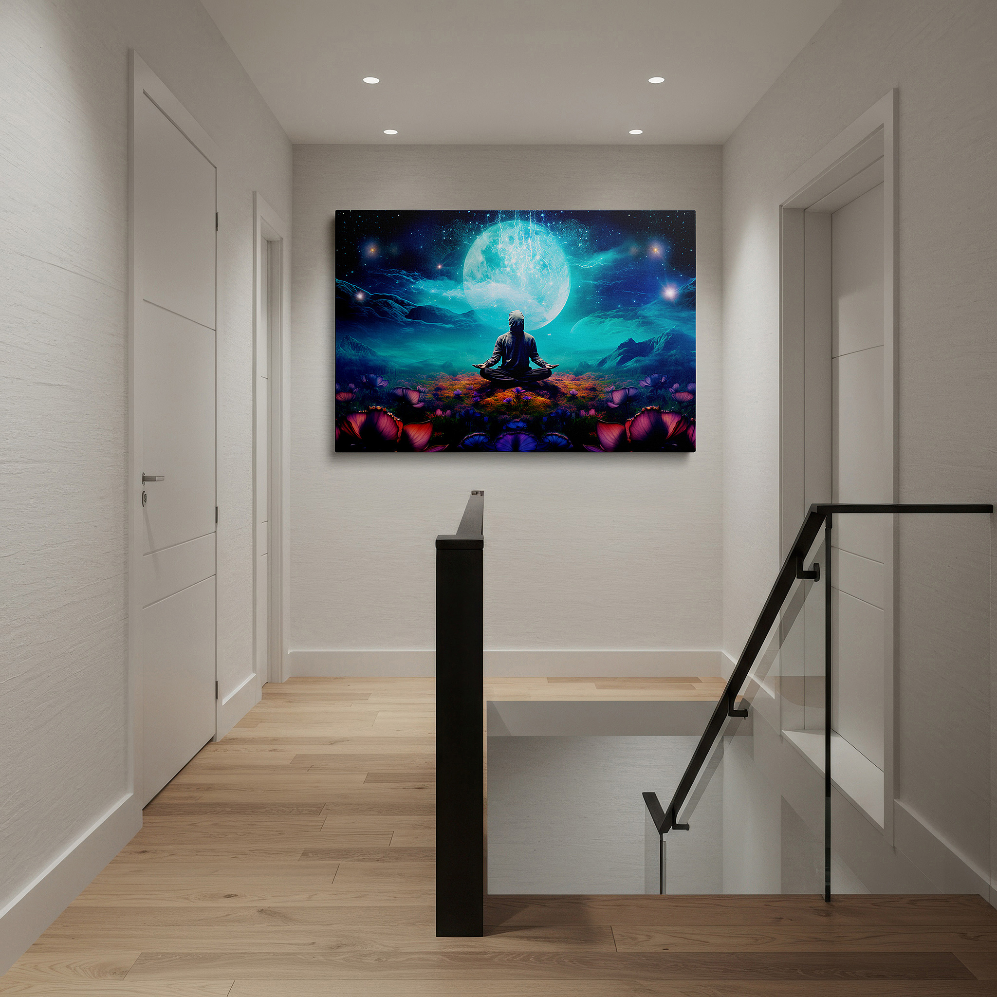 Bold and expansive at 90×60 cm — ideal for making a statement above large furniture — tranquil meditation under the celestial moon wall art: a harmonious blend of nature and cosmos, large canvas wall art for office decor