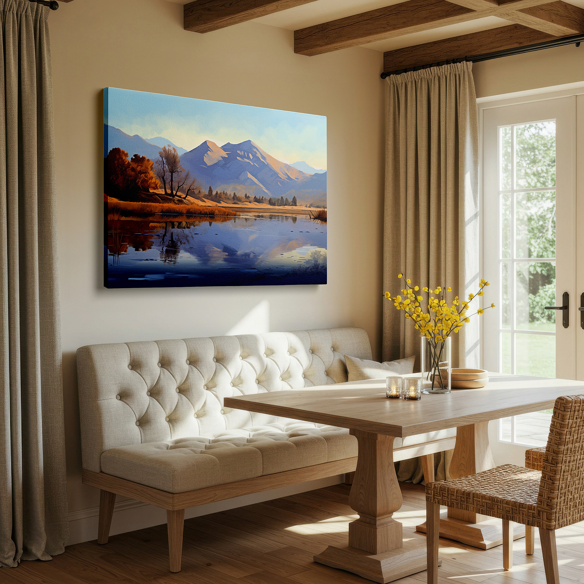 Bold and expansive at 90×60 cm — ideal for making a statement above large furniture — tranquil waters and majestic mountains wall art: a gateway to serenity - large canvas art for home and office decor, perfect for living rooms and bedrooms