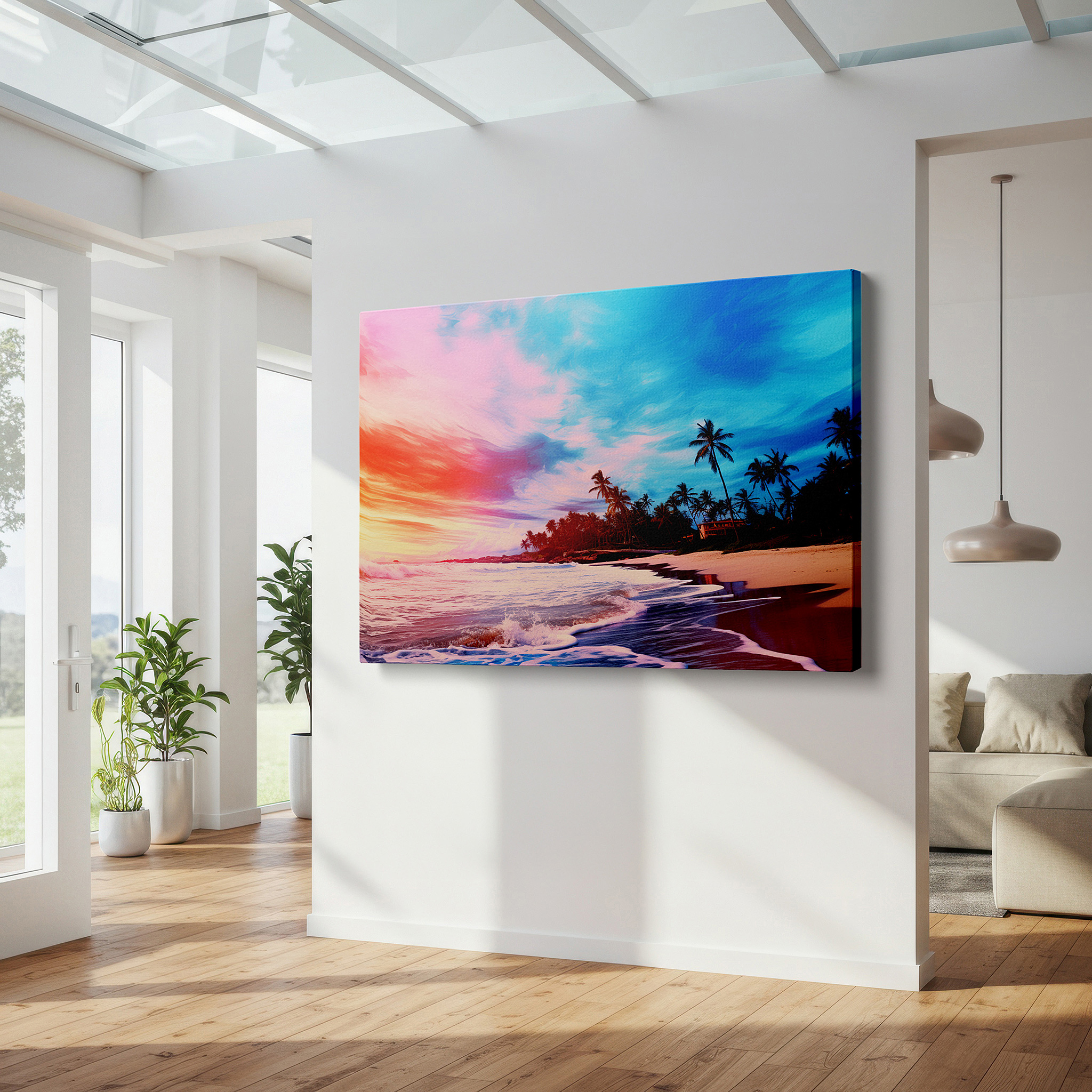 Bold and expansive at 90×60 cm — ideal for making a statement above large furniture — tropical sunset serenity: large canvas wall art featuring lush palms and fiery skies for office, bedroom, and living room decor