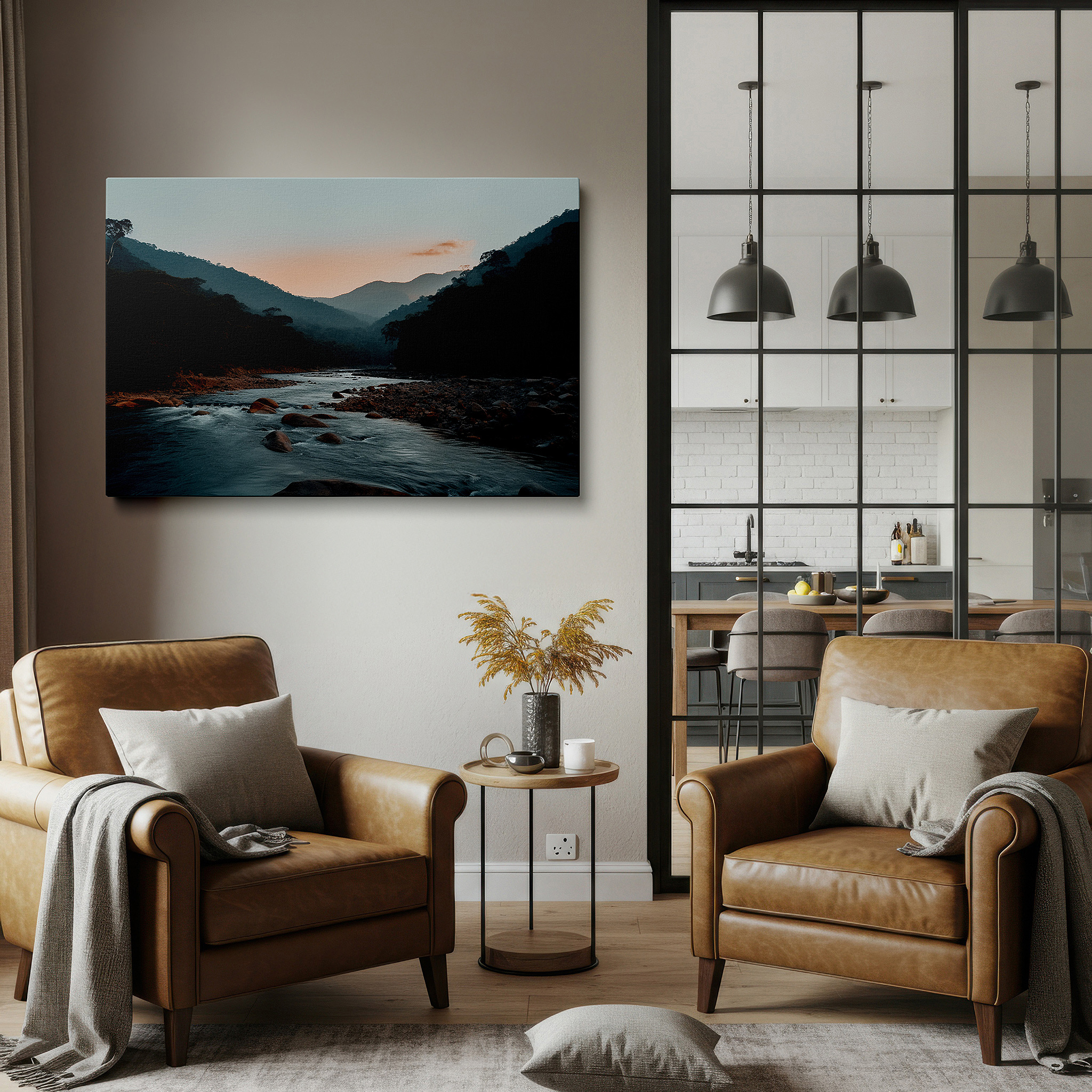 Bold and expansive at 90×60 cm — ideal for making a statement above large furniture — twilight serenity by the mountain river - a peaceful retreat into nature's embrace large wall art, canvas wall art, wall decor, office wall art