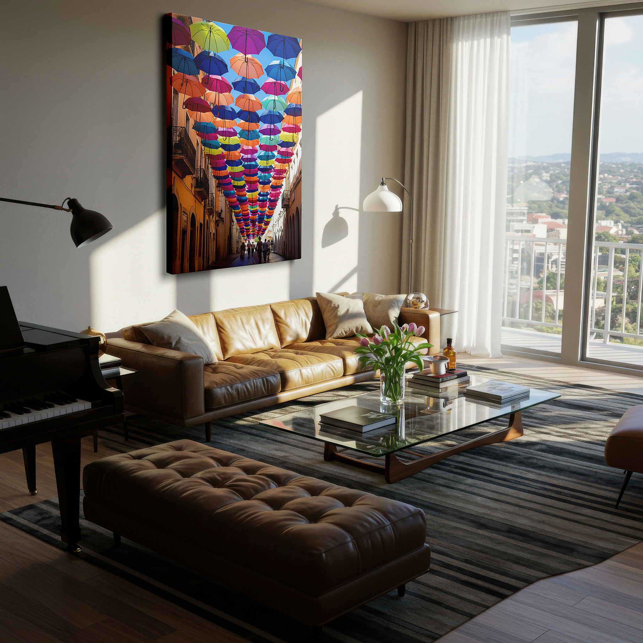Bold and expansive at 90×60 cm — ideal for making a statement above large furniture — urban enchantment: vibrant umbrella canopy over cobblestone street - large canvas wall art for home and office decor
