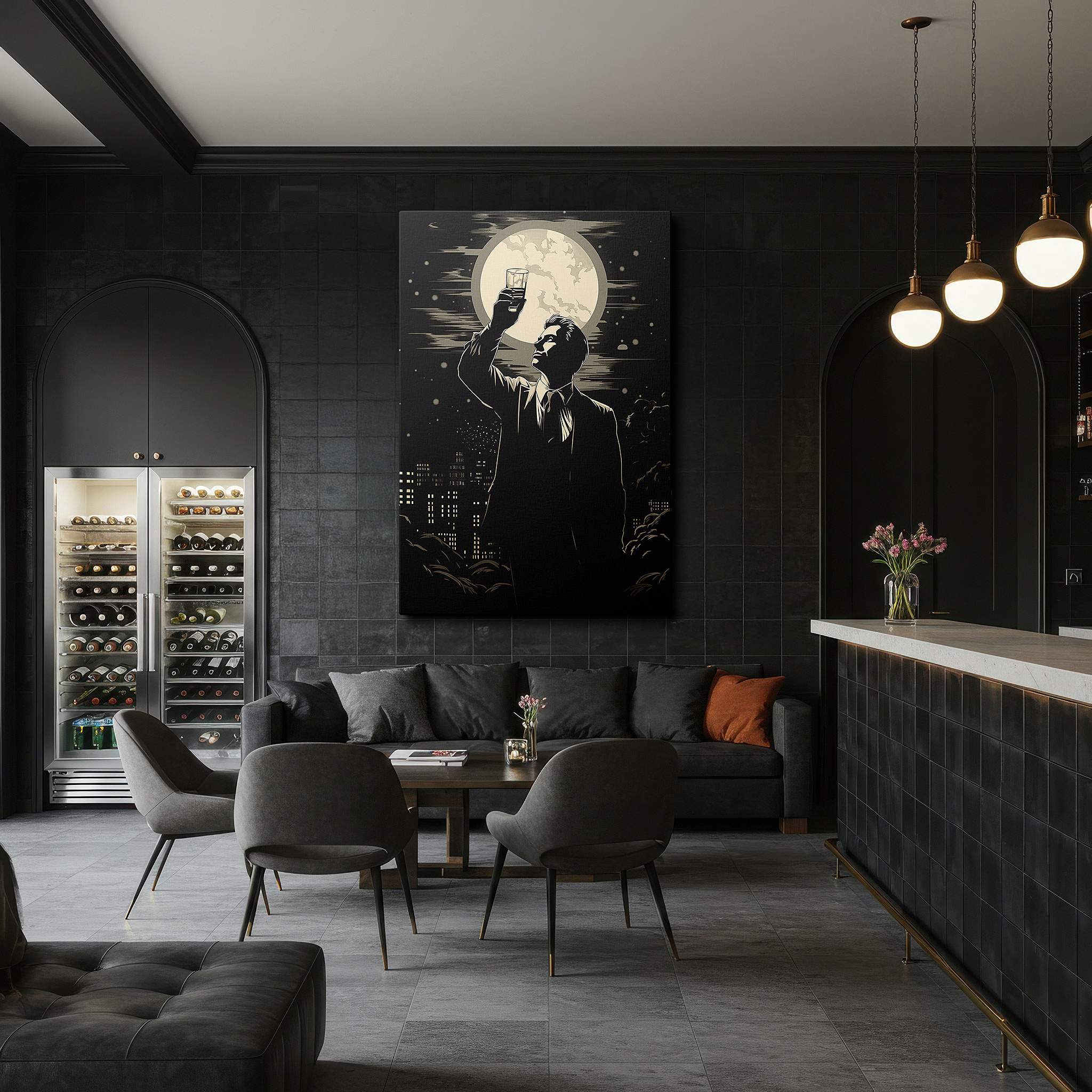 Bold and expansive at 90×60 cm — ideal for making a statement above large furniture — urban solitude: contemplative man silhouette against city nightlife - large canvas wall art for office and bedroom decor