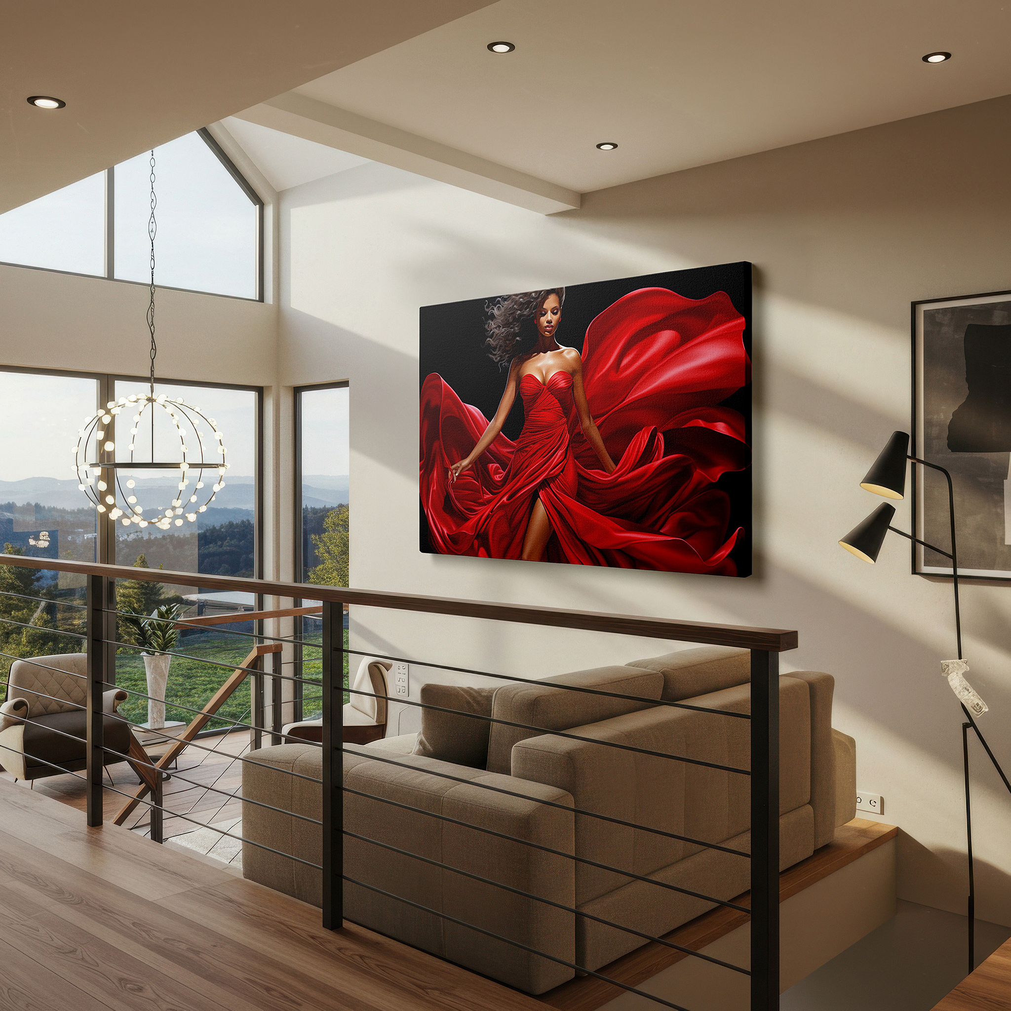 Bold and expansive at 90×60 cm — ideal for making a statement above large furniture — vibrant lady in red: emblem of passion and strength - oversized wall art for office, bedroom, and living room decor