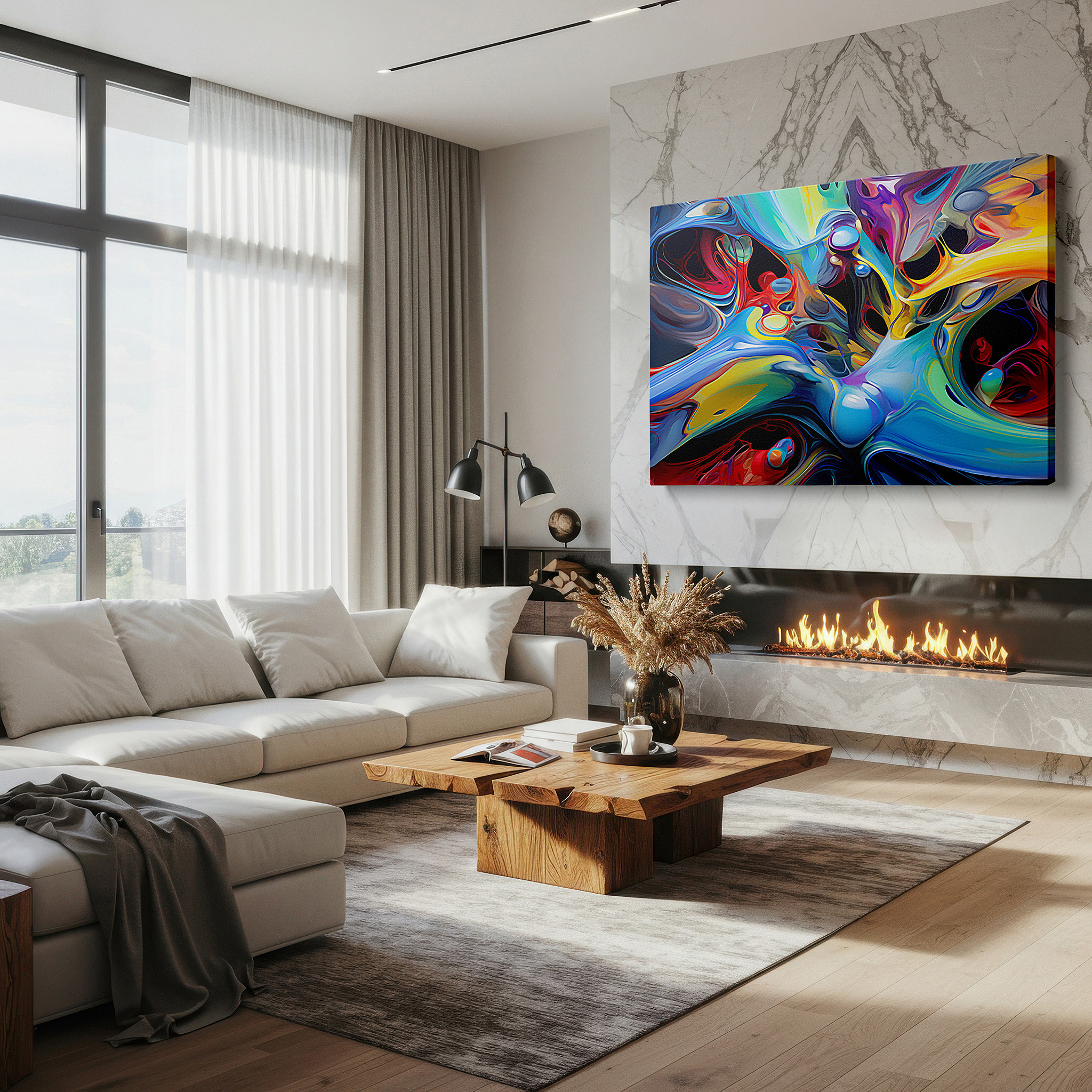 Bold and expansive at 90×60 cm — ideal for making a statement above large furniture — vibrant symphony of movement and emotion: large wall art in blues, reds, and yellows for office and bedroom decor, canvas wall art