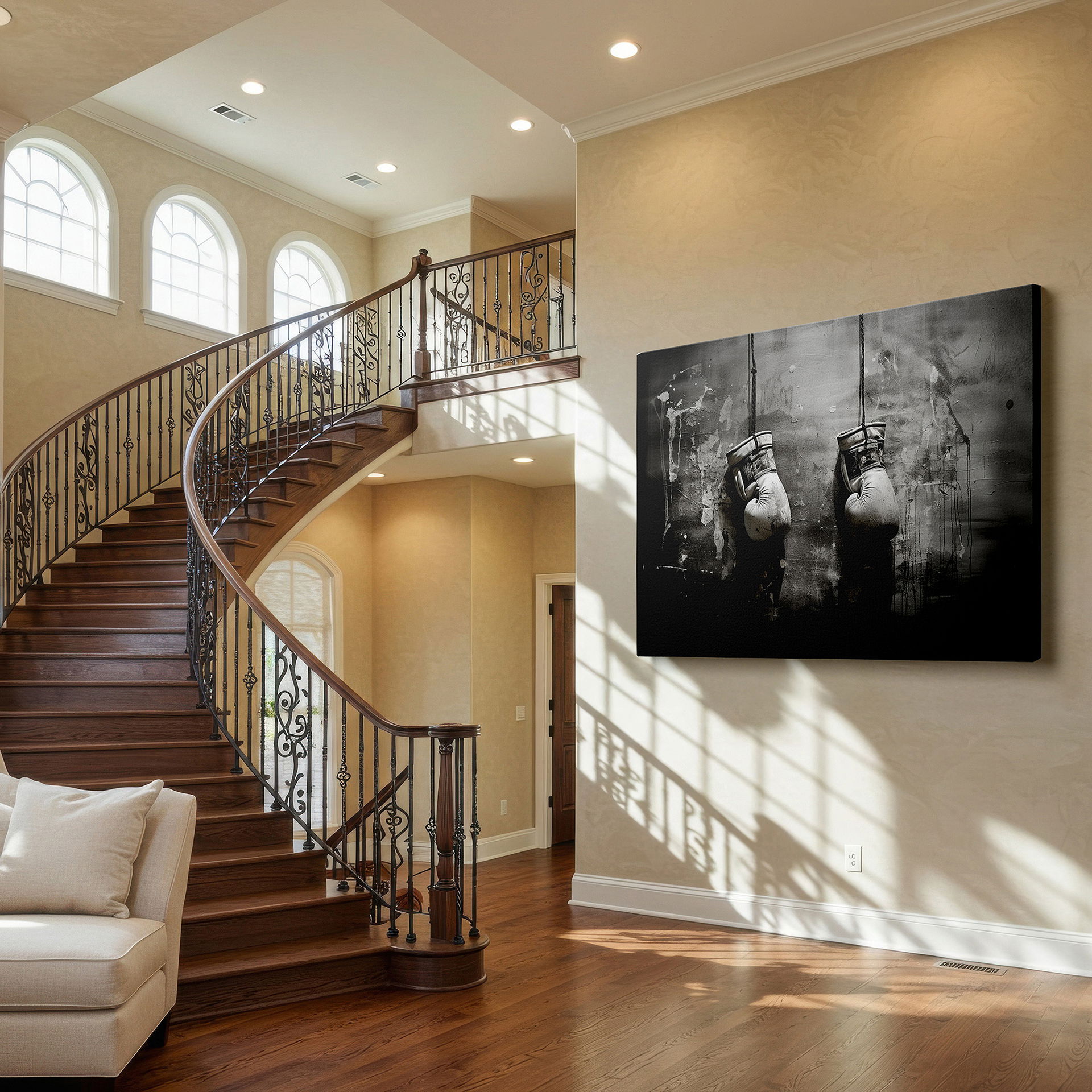 Bold and expansive at 90×60 cm — ideal for making a statement above large furniture — vintage black and white boxing gloves large wall art, timeless boxing legacy canvas, office and bedroom wall decor