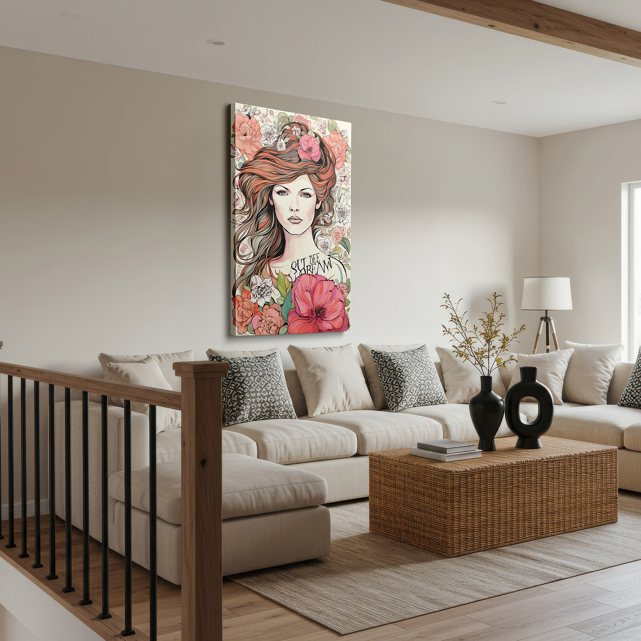 Bold and expansive at 90×60 cm — ideal for making a statement above large furniture — wall art: commanding presence and serenity in a woman's look surrounded by bright floral arrangement - large canvas wall art for office and bedroom decor