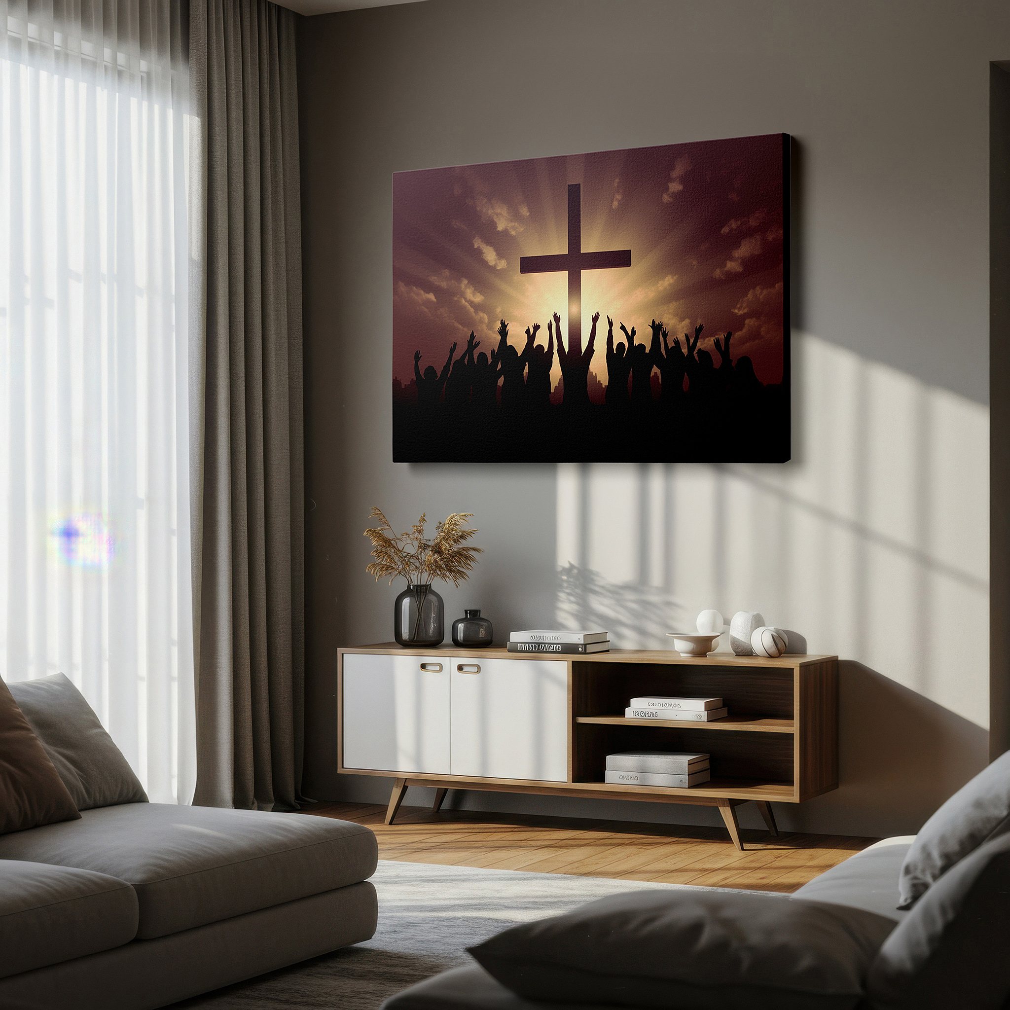 Bold and expansive at 90×60 cm — ideal for making a statement above large furniture — wall art: a crowd united in worship at sunrise, silhouetted against a majestic cross, symbolizing light and hope - large canvas wall art