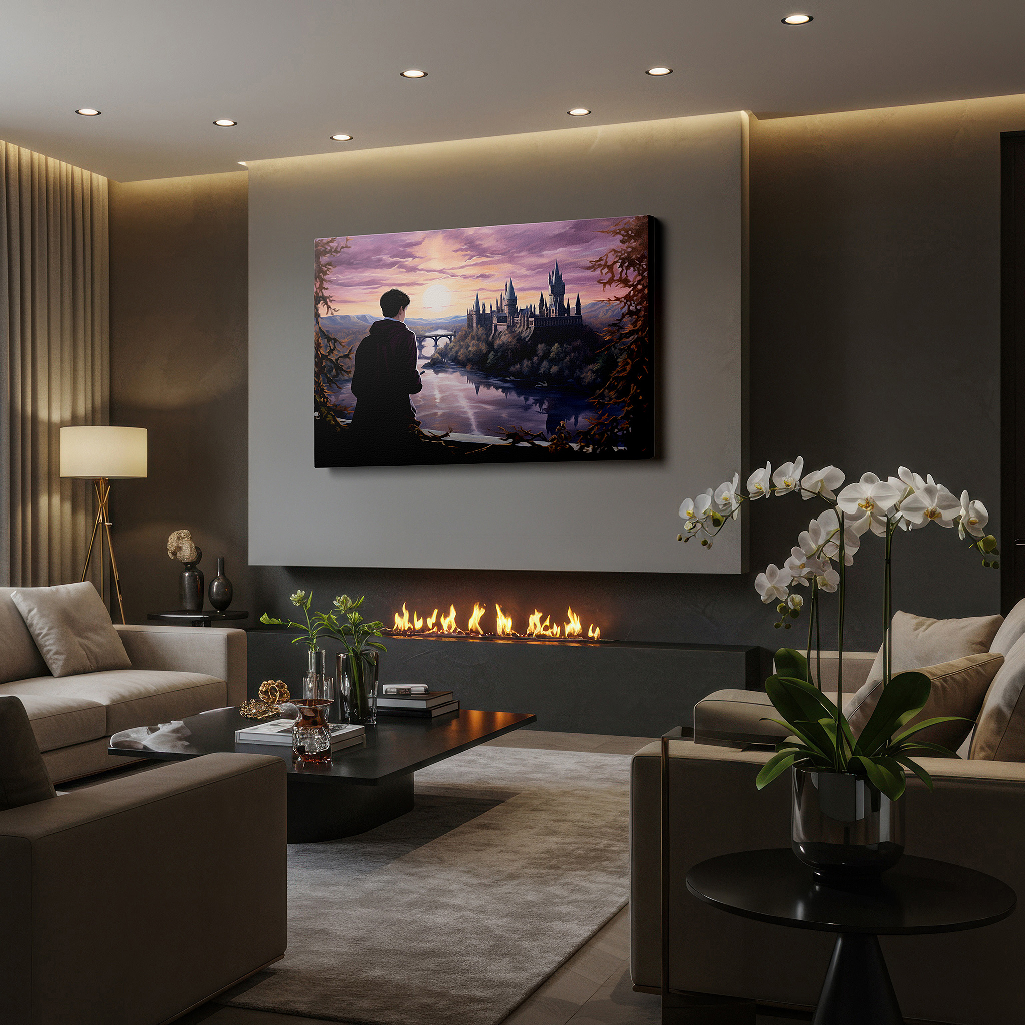 Bold and expansive at 90×60 cm — ideal for making a statement above large furniture — wall art: enchanting castle at sunset featuring a mysterious cloaked figure - ideal for office and bedroom decor, large canvas wall art