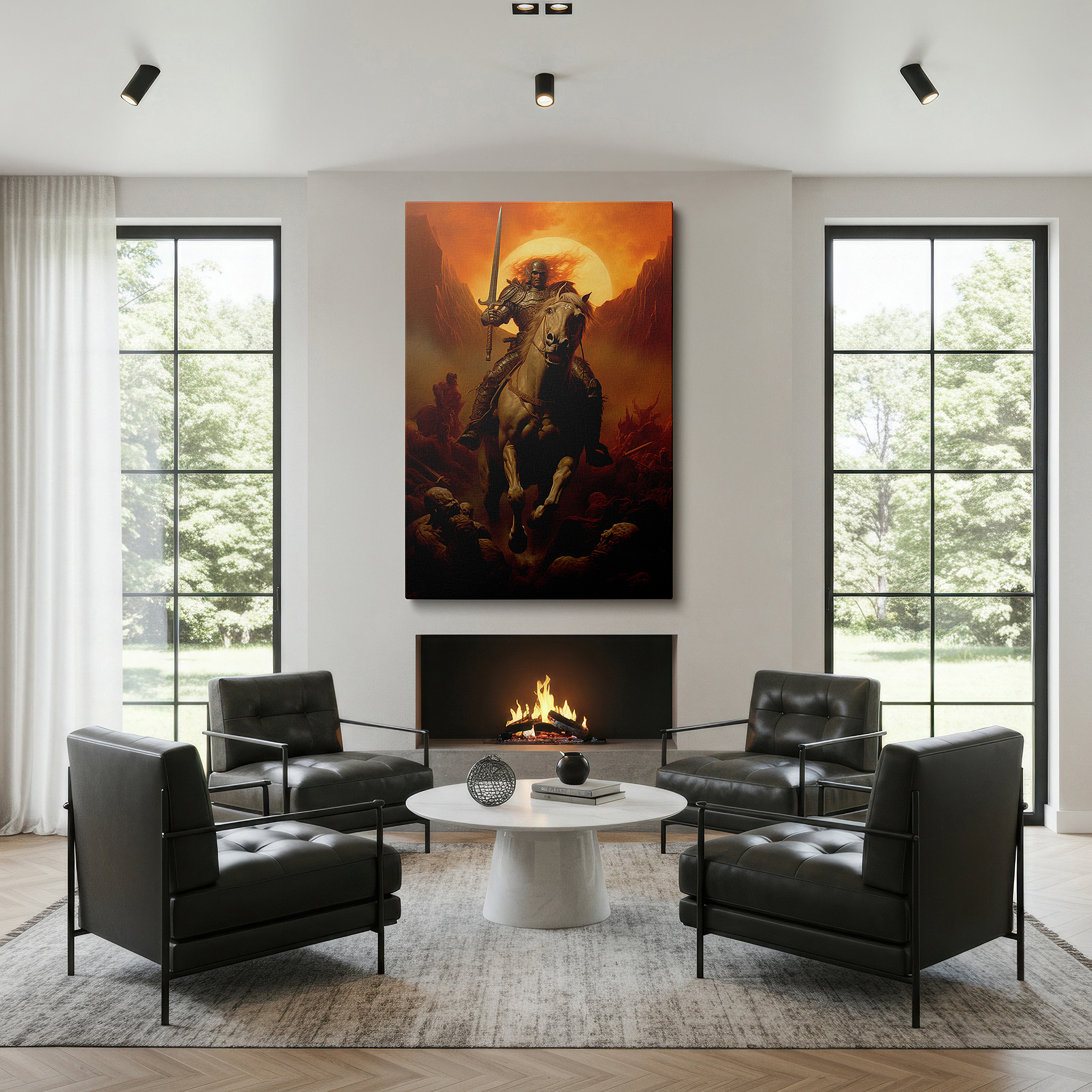 Bold and expansive at 90×60 cm — ideal for making a statement above large furniture — wall art: "heroism amidst flames - a knight's valor and battle's fury" - large canvas wall art for office and bedroom decor