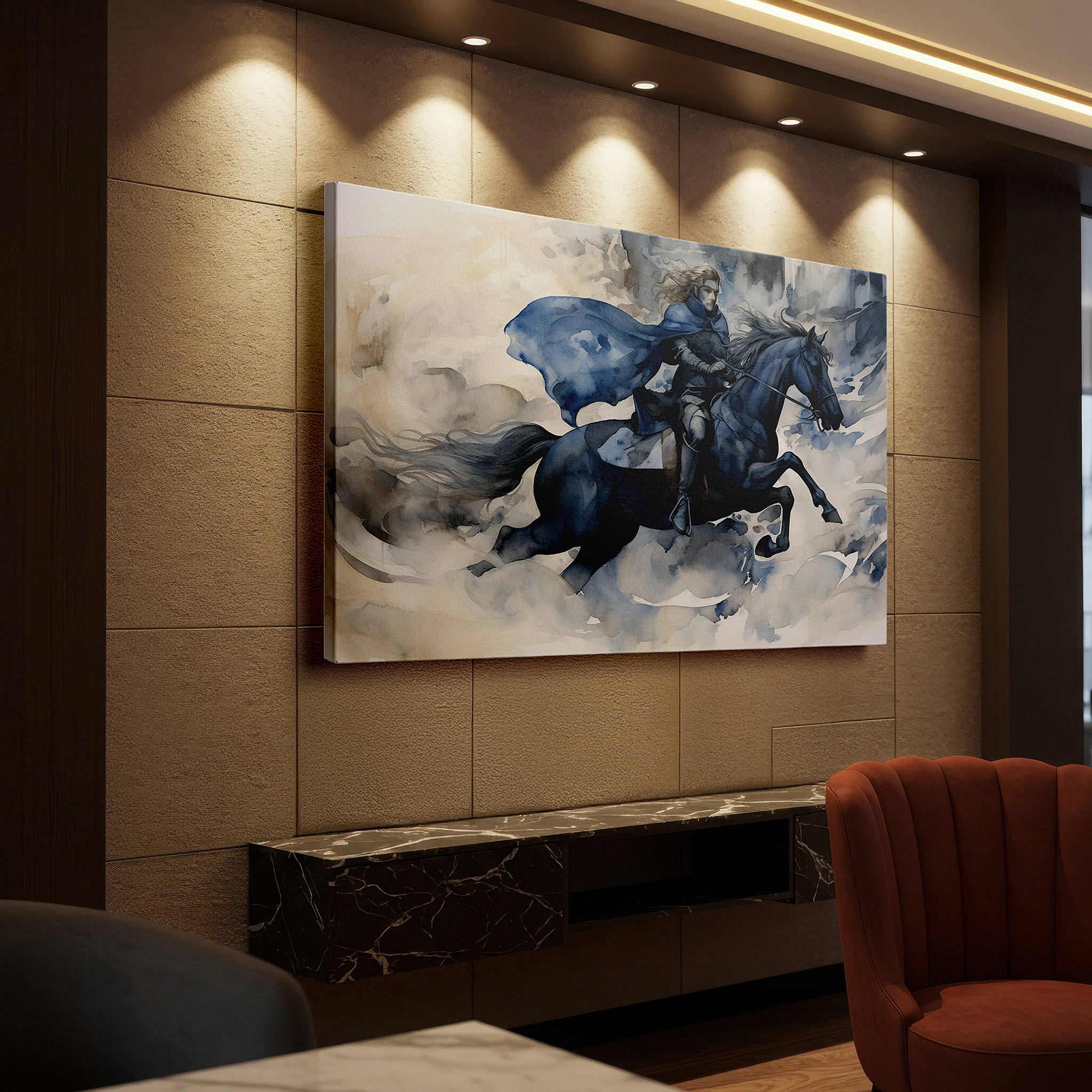 Bold and expansive at 90×60 cm — ideal for making a statement above large furniture — wall art: majestic hero on horse amidst ethereal clouds - emblem of freedom and adventure. large canvas wall art for office decor.