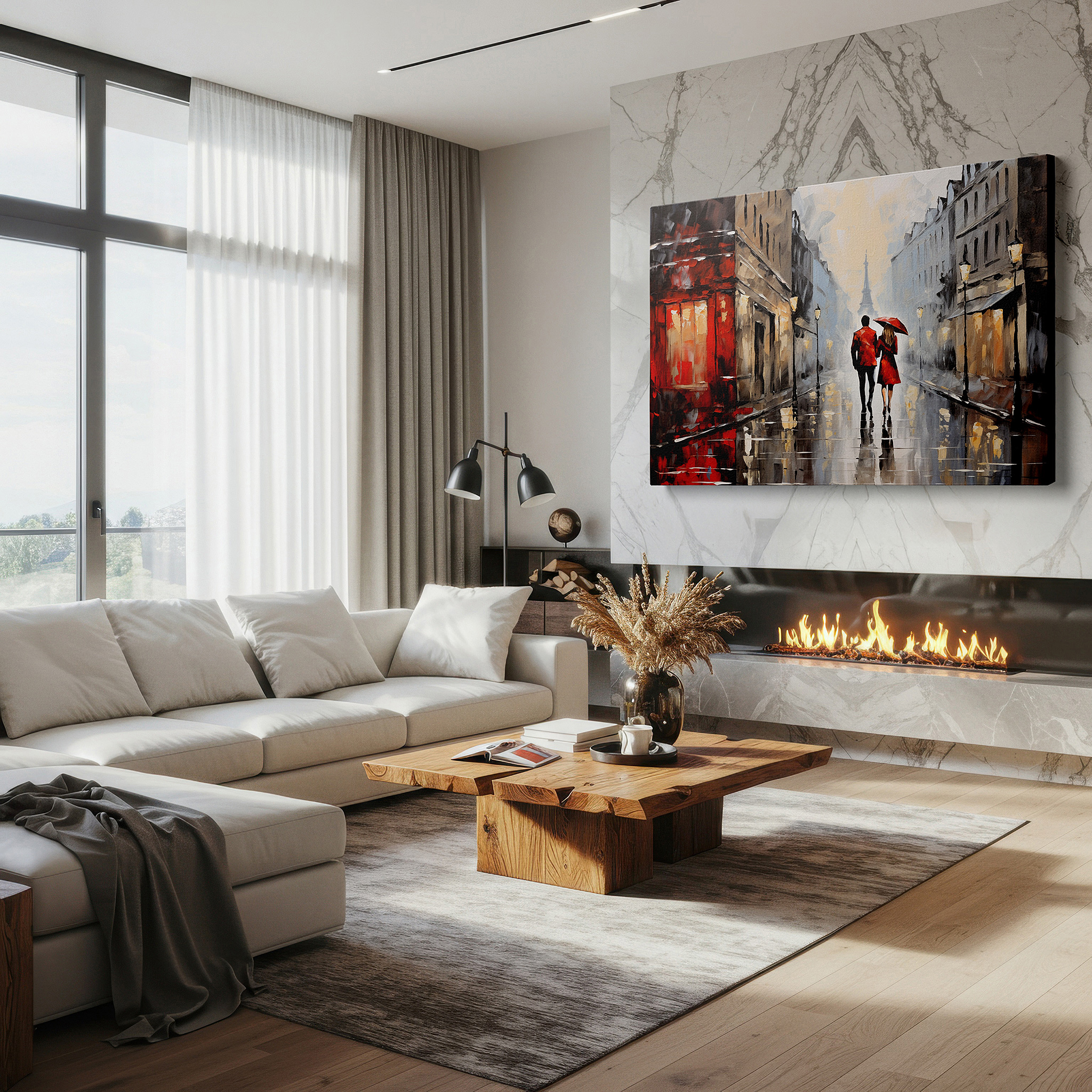 Bold and expansive at 90×60 cm — ideal for making a statement above large furniture — wall art: romantic parisian encounter beneath a red umbrella, a rain-drenched journey through love on cobblestones, large canvas wall art decor.