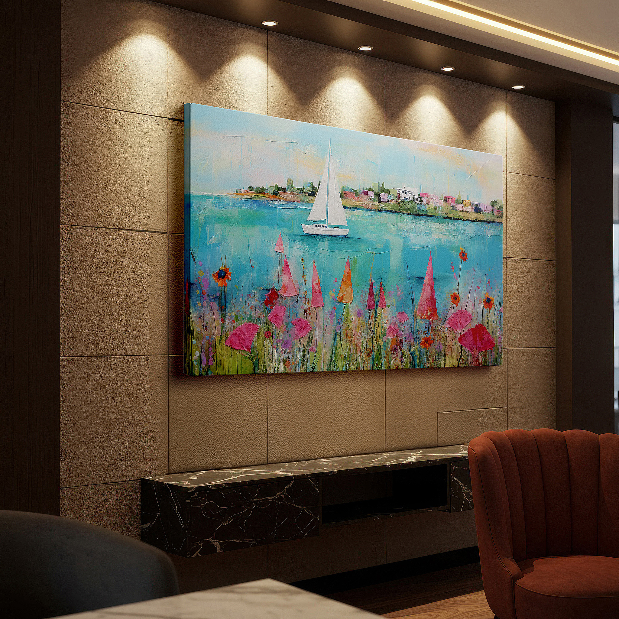Bold and expansive at 90×60 cm — ideal for making a statement above large furniture — wall art: serene coastal scene featuring vibrant florals and a tranquil sailboat - large canvas wall art for office, bedroom, and living room decor