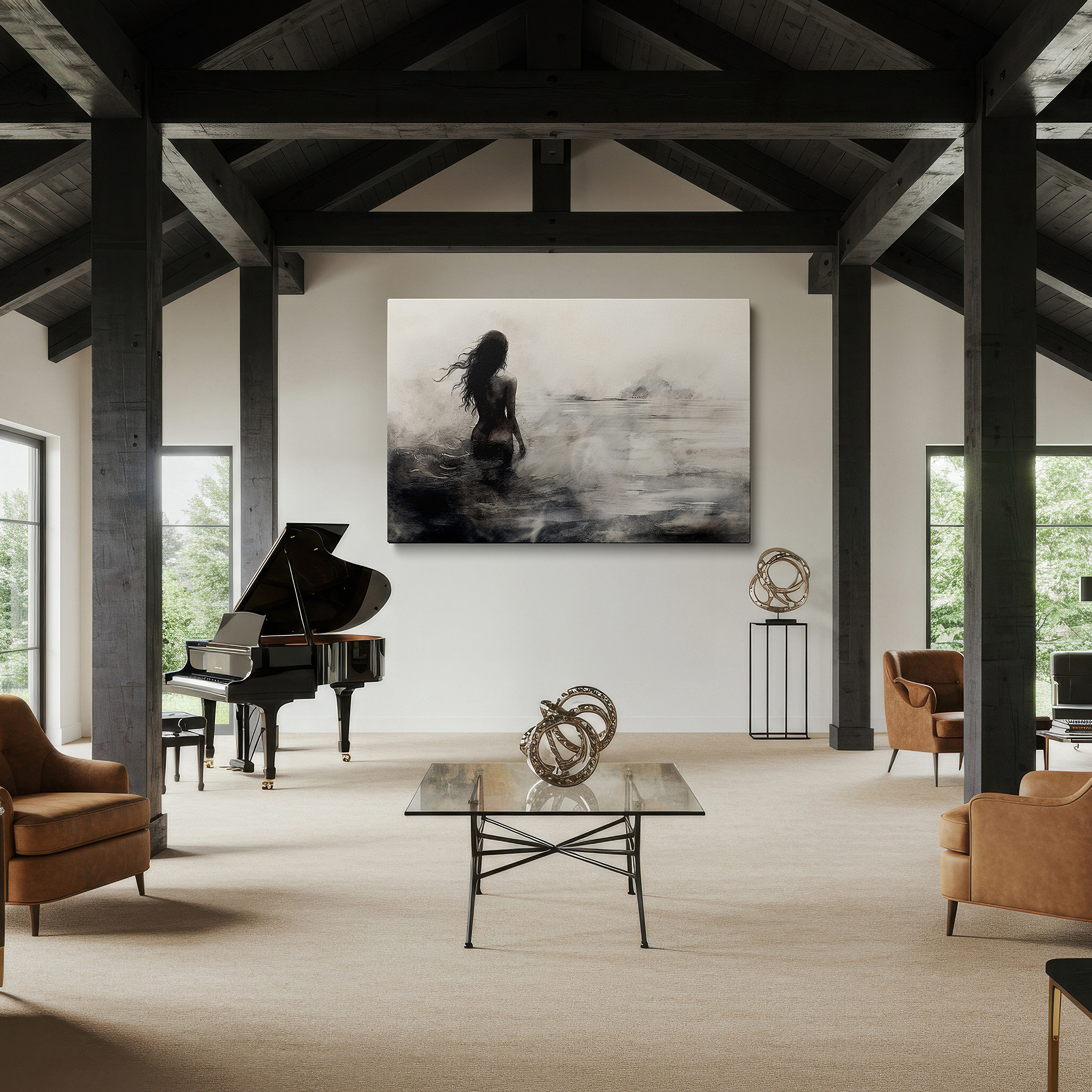 Bold and expansive at 90×60 cm — ideal for making a statement above large furniture — wall art: "solitary silhouette in misty waters" - a serene and haunting depiction of isolation. ideal for large wall spaces, canvas wall art, home and office decor.