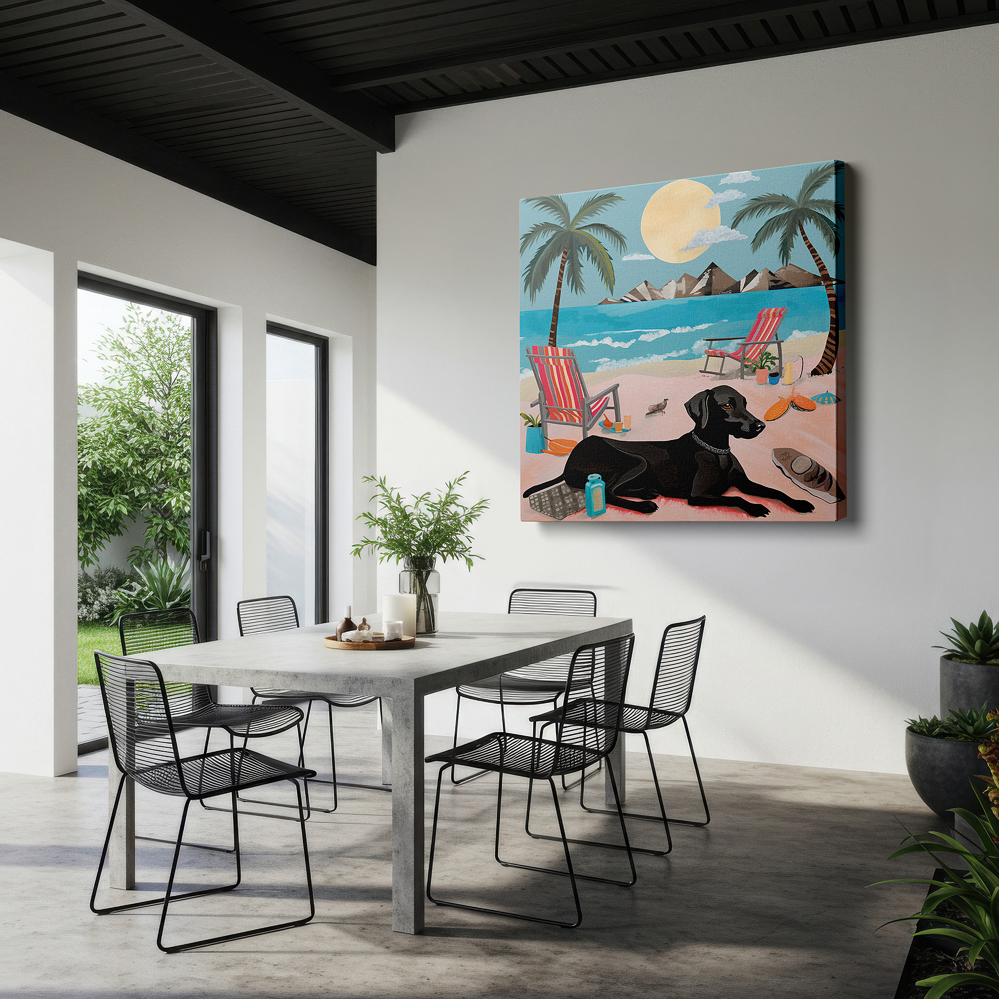 Bold and expansive at 90×60 cm — ideal for making a statement above large furniture — wall art: tranquil beach landscape featuring a black dog among palms and gentle sands - large canvas wall art for home and office decor, perfect for living room and bedroom