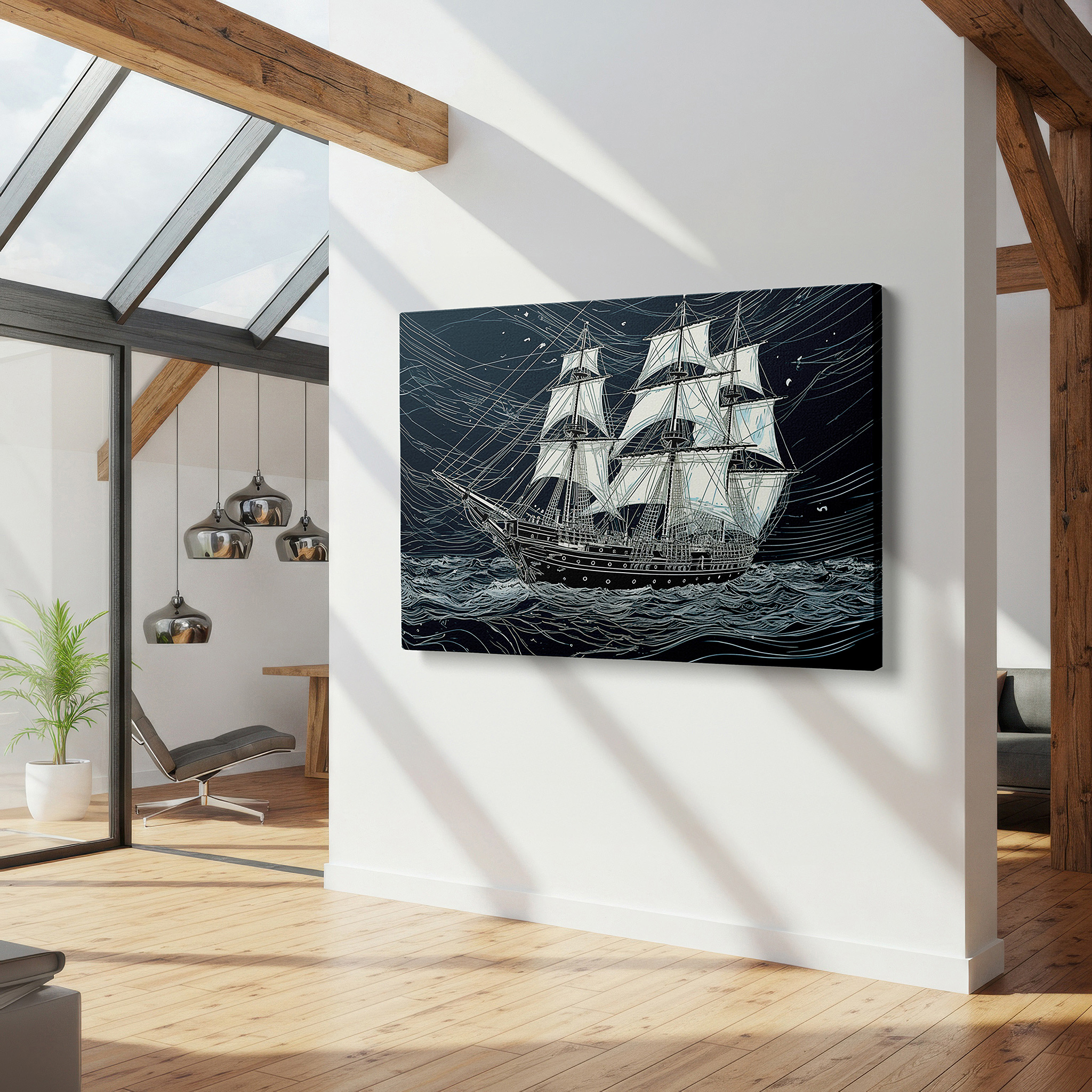 Bold and expansive at 90×60 cm — ideal for making a statement above large furniture — wall decor: brave sailing vessel confronts tempestuous waters, emblematic of resilience and adventure - large canvas art for office and home decor