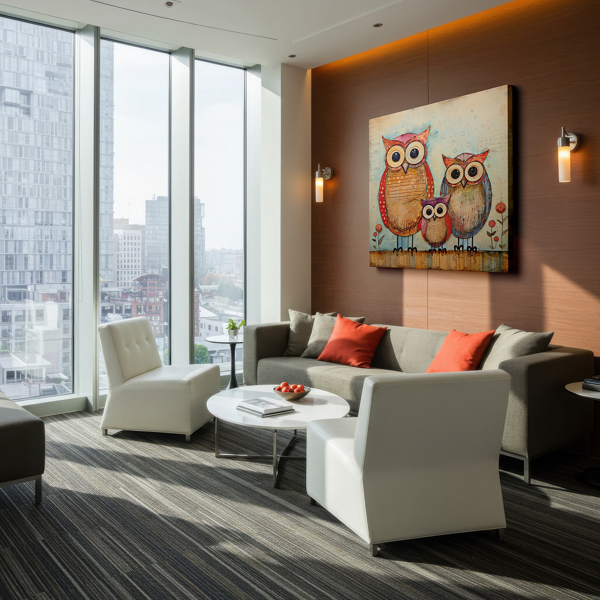 Bold and expansive at 90×60 cm — ideal for making a statement above large furniture — wall decor: charming set of three pastel owls, large canvas art perfect for adding creativity and warmth to any room, ideal for office or bedroom decor