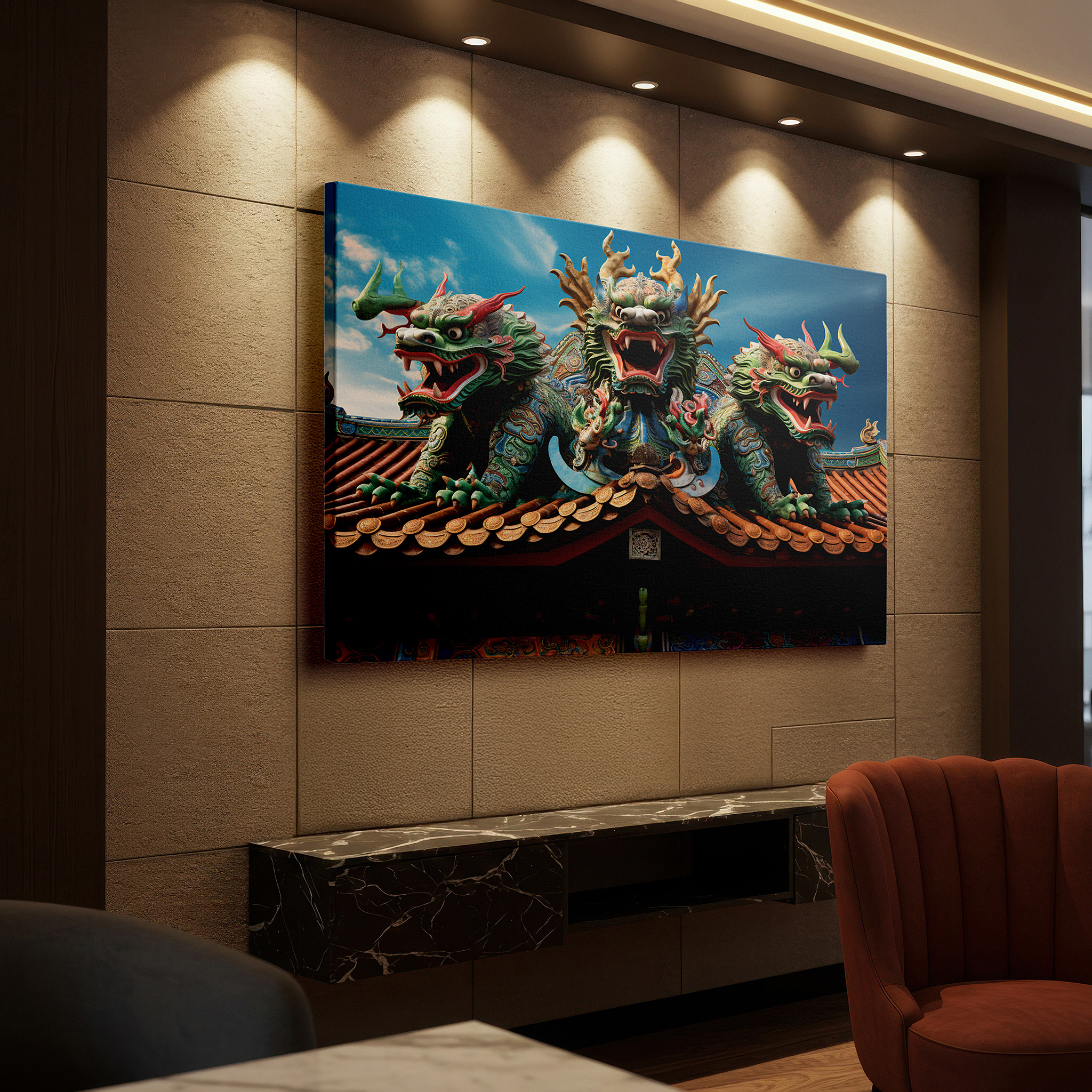 Bold and expansive at 90×60 cm — ideal for making a statement above large furniture — wall decor: majestic dragons overseeing the temple roof, a fusion of artistic expression and timeless wisdom - large canvas art for office walls