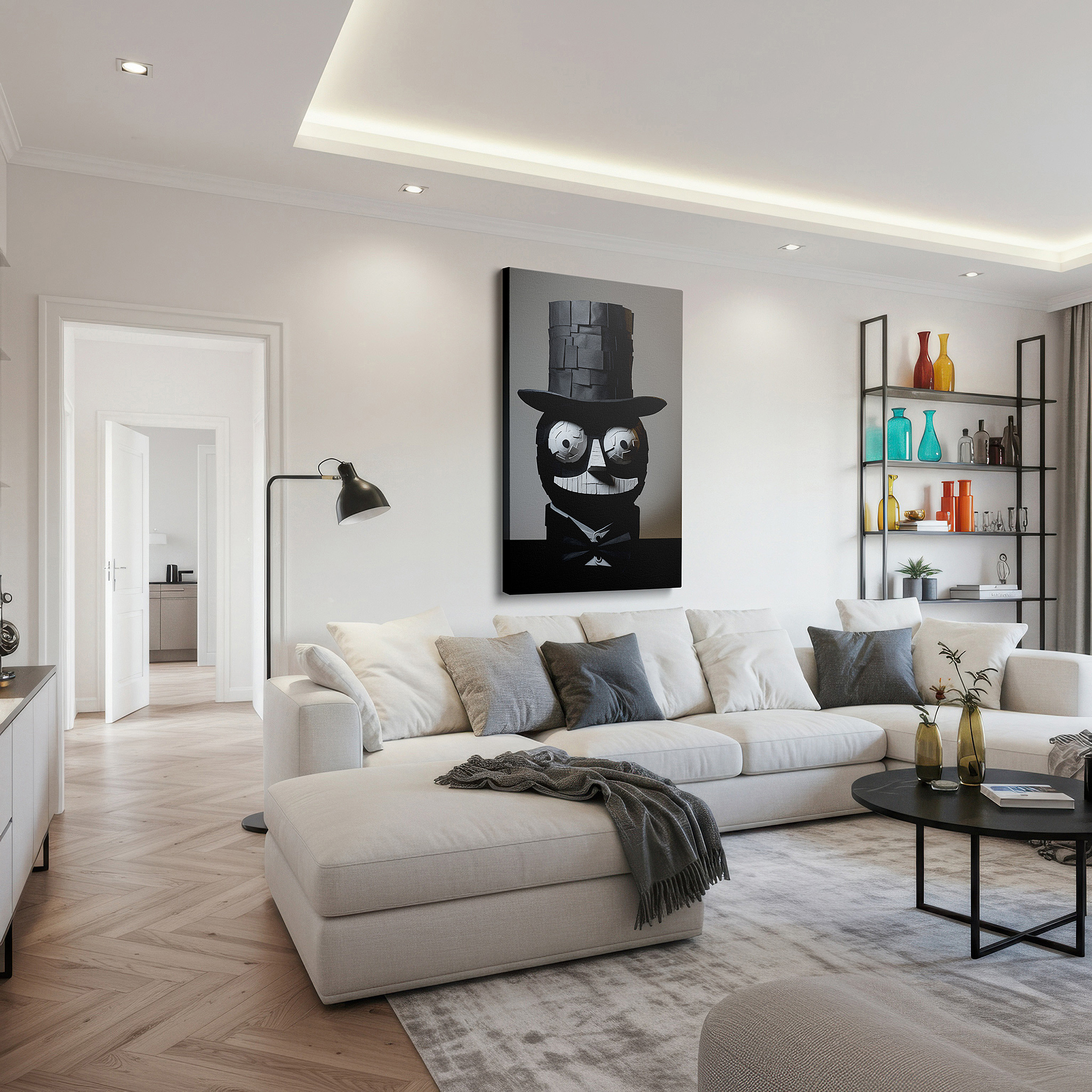 Bold and expansive at 90×60 cm — ideal for making a statement above large furniture — whimsical styrofoam character with scholarly glasses and bow tie - large wall art for office and bedroom decor, canvas wall art