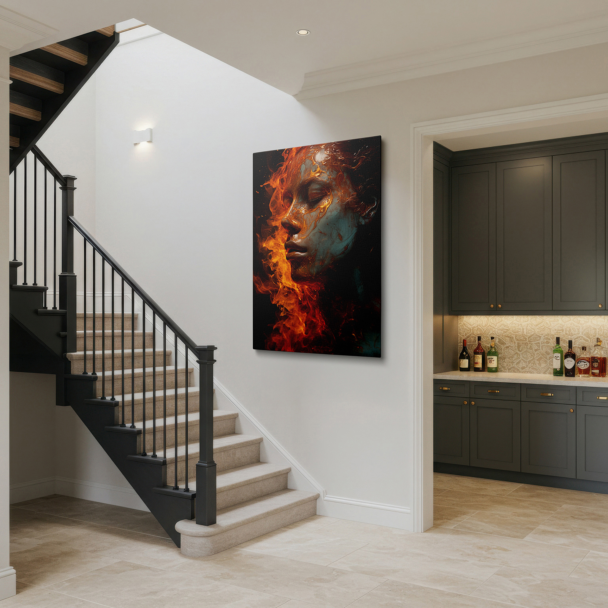 Bold and expansive at 90×60 cm — ideal for making a statement above large furniture — woman in profile surrounded by flames - a bold symbol of resilience and change, large wall art, canvas wall art, wall decor, office wall art