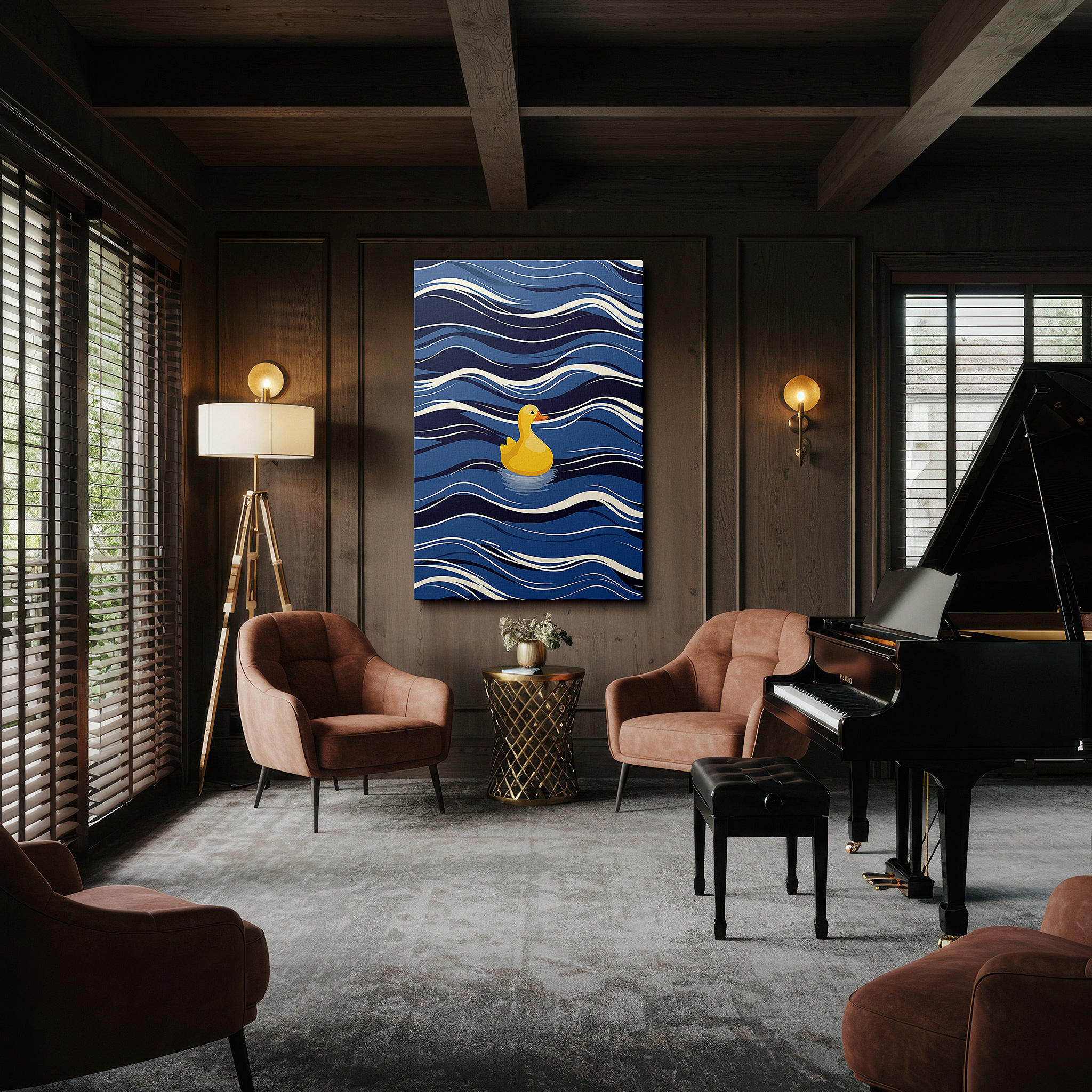 Bold and expansive at 90×60 cm — ideal for making a statement above large furniture — yellow duck serenely floating on artistic blue waves, symbolizing joy and tranquility, large canvas wall art for office decor