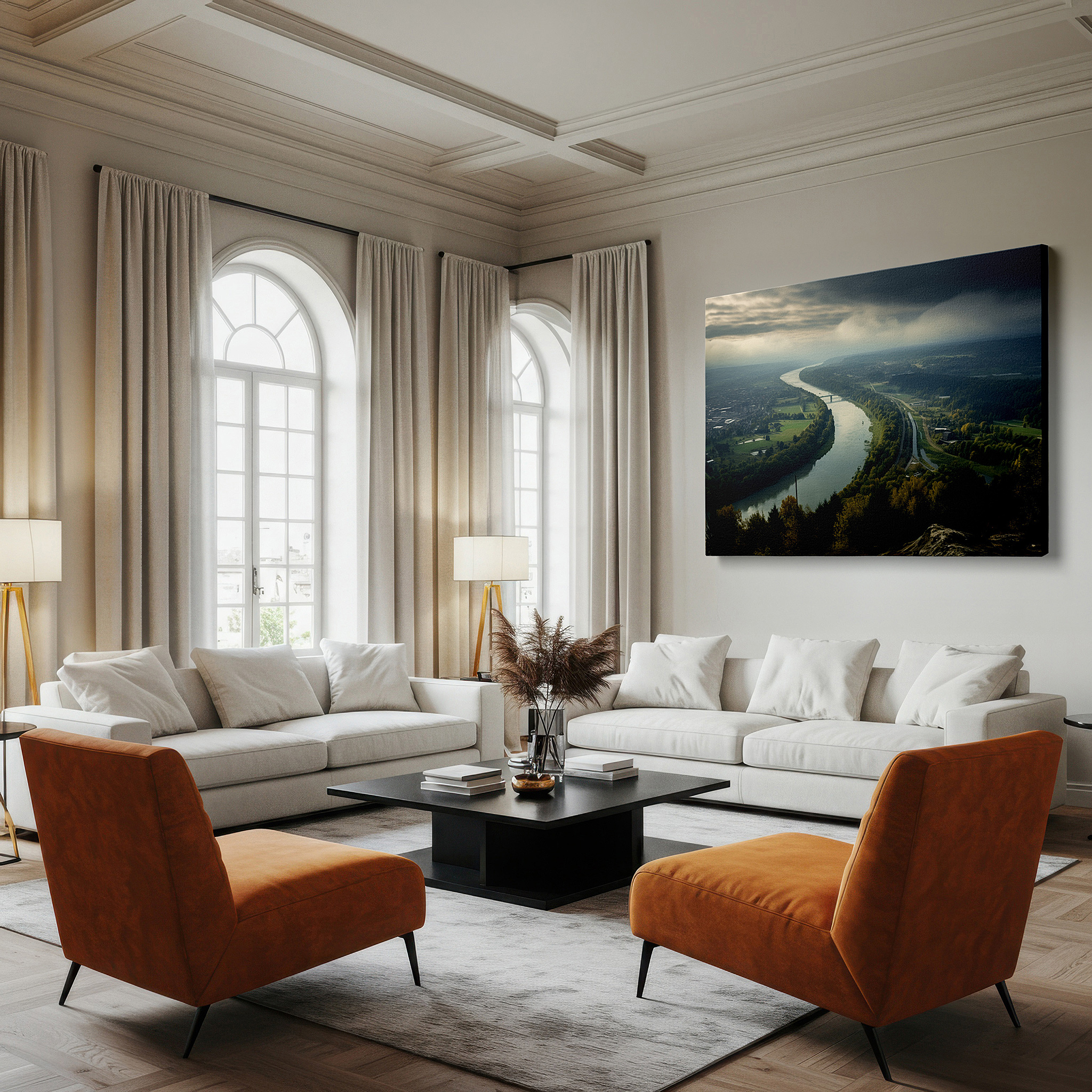 Close-up shows rich pigment, color blending, and brushwork texture — aerial river and lush greenery canvas wall art with dramatic sky for office, bedroom, and living room decor