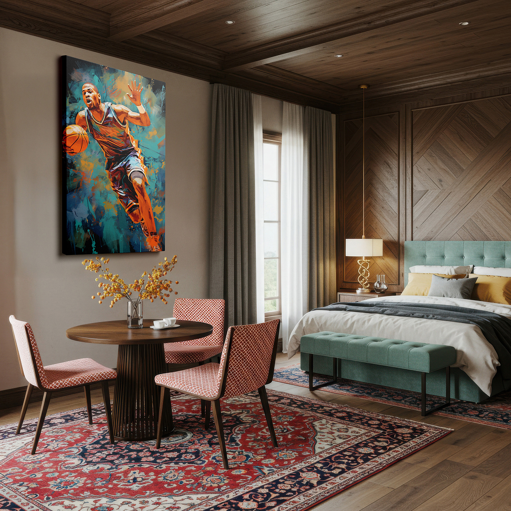 Close-up shows rich pigment, color blending, and brushwork texture — basketball action wall art: capturing the vibrant energy and athletic skill - ideal for large spaces, canvas prints, home and office decor
