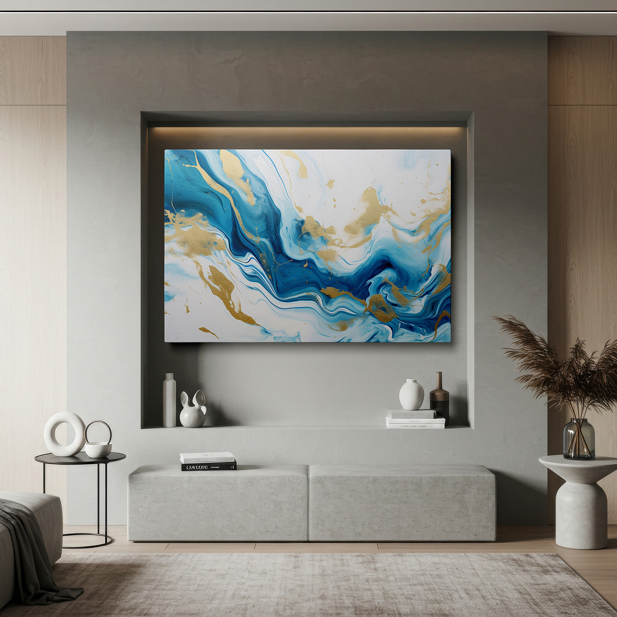 Close-up shows rich pigment, color blending, and brushwork texture — blue and gold enchanting nature-inspired large wall art, canvas decor for office and bedroom