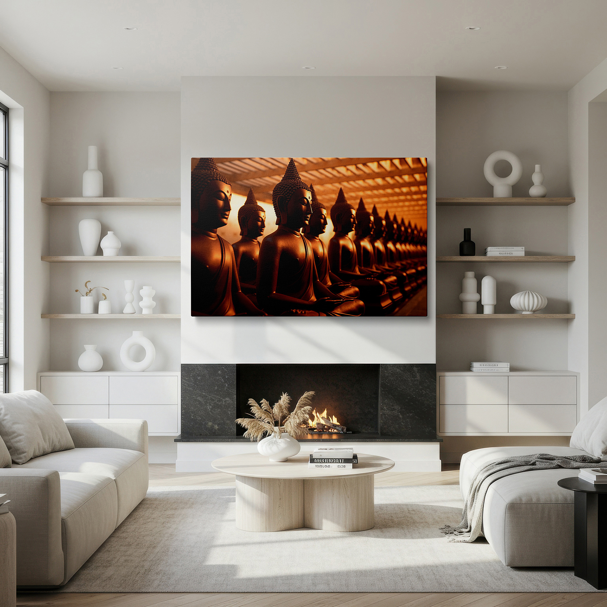 Close-up shows rich pigment, color blending, and brushwork texture — buddha statues wall art: serene and wise, perfect for office or bedroom decor, large canvas prints