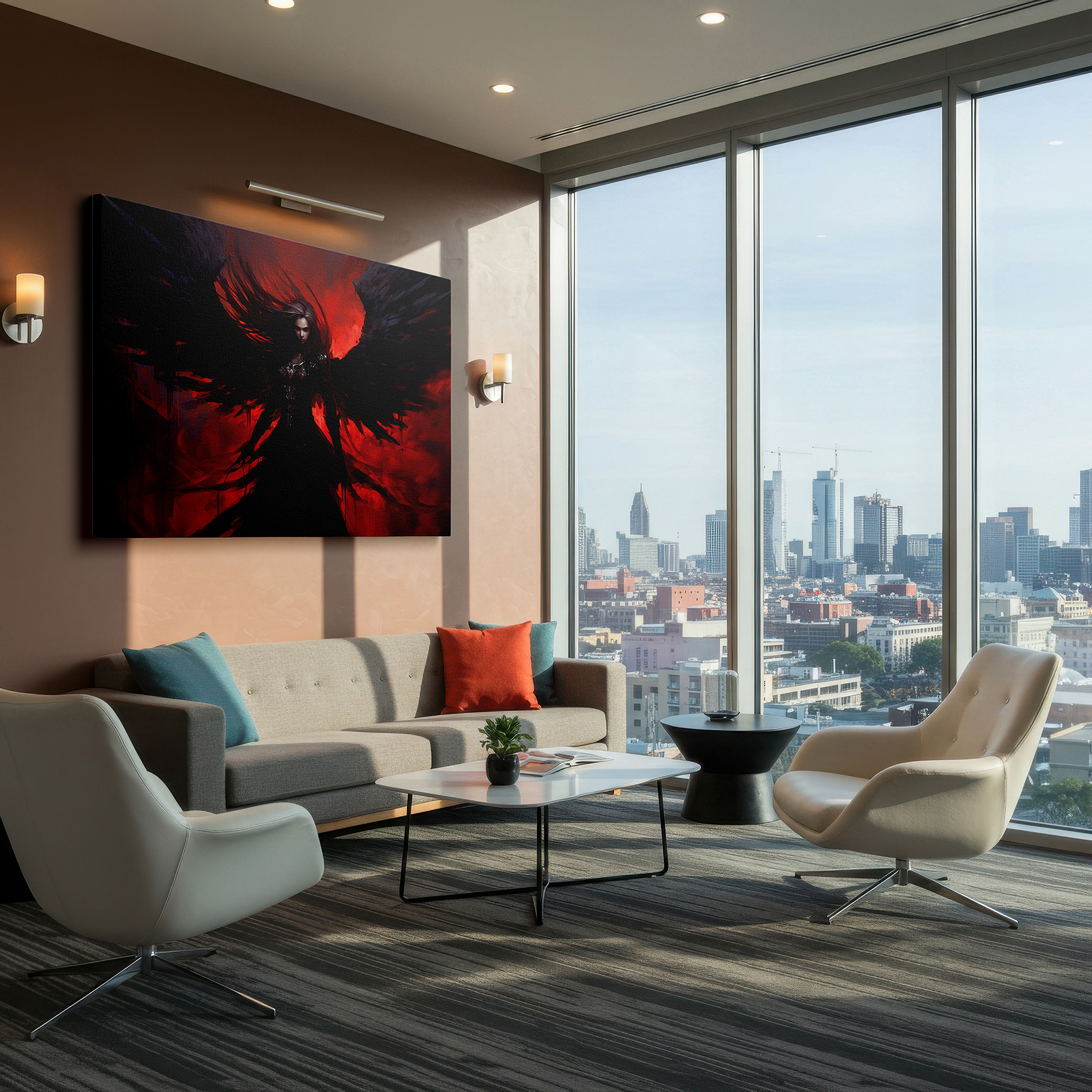 Close-up shows rich pigment, color blending, and brushwork texture — dark angel in metallic armor with a crimson background, emblematic of resilience and mythical strength, large canvas wall art for office decor