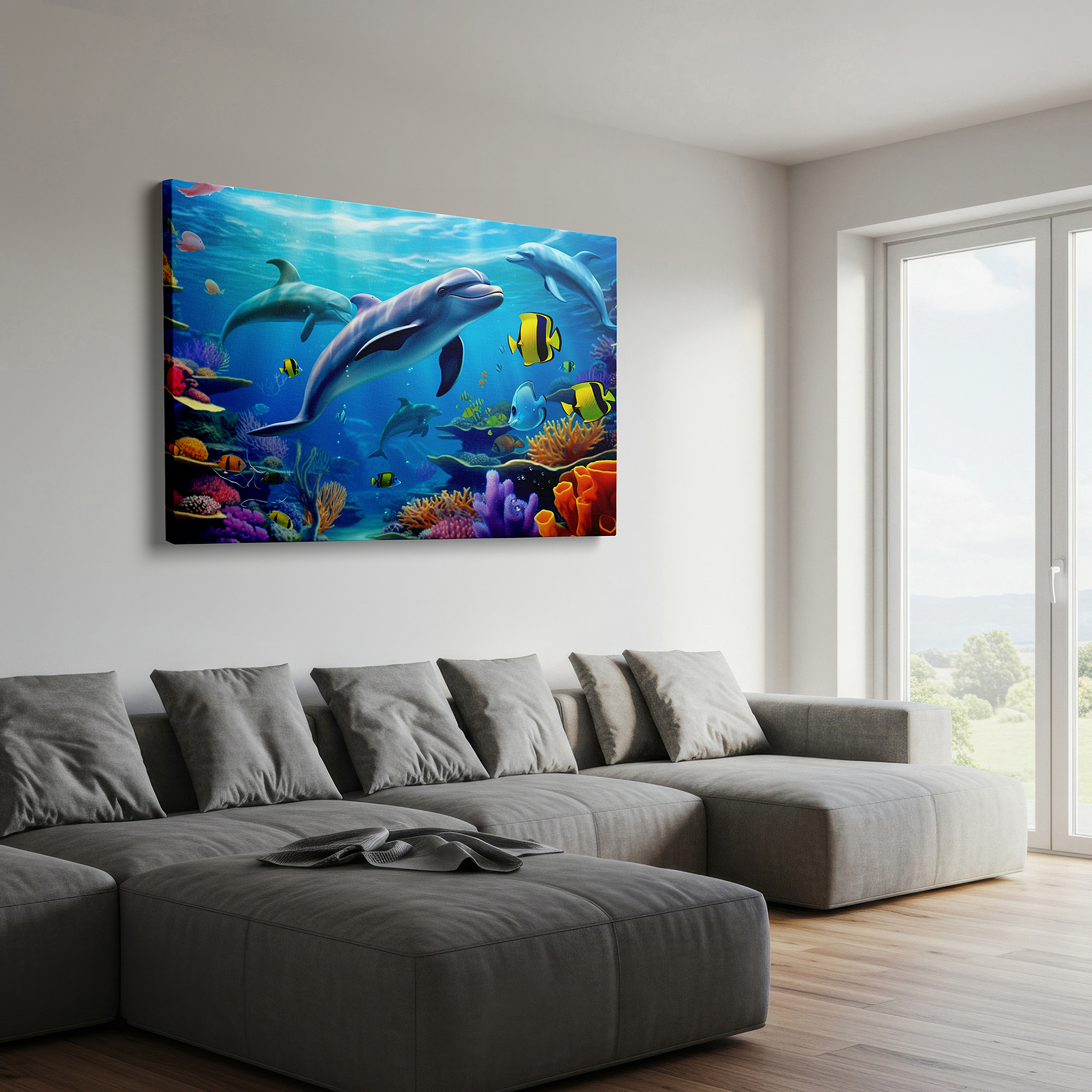 Close-up shows rich pigment, color blending, and brushwork texture — dolphin and coral reef wall art - tranquil underwater symphony - large canvas for home and office decor
