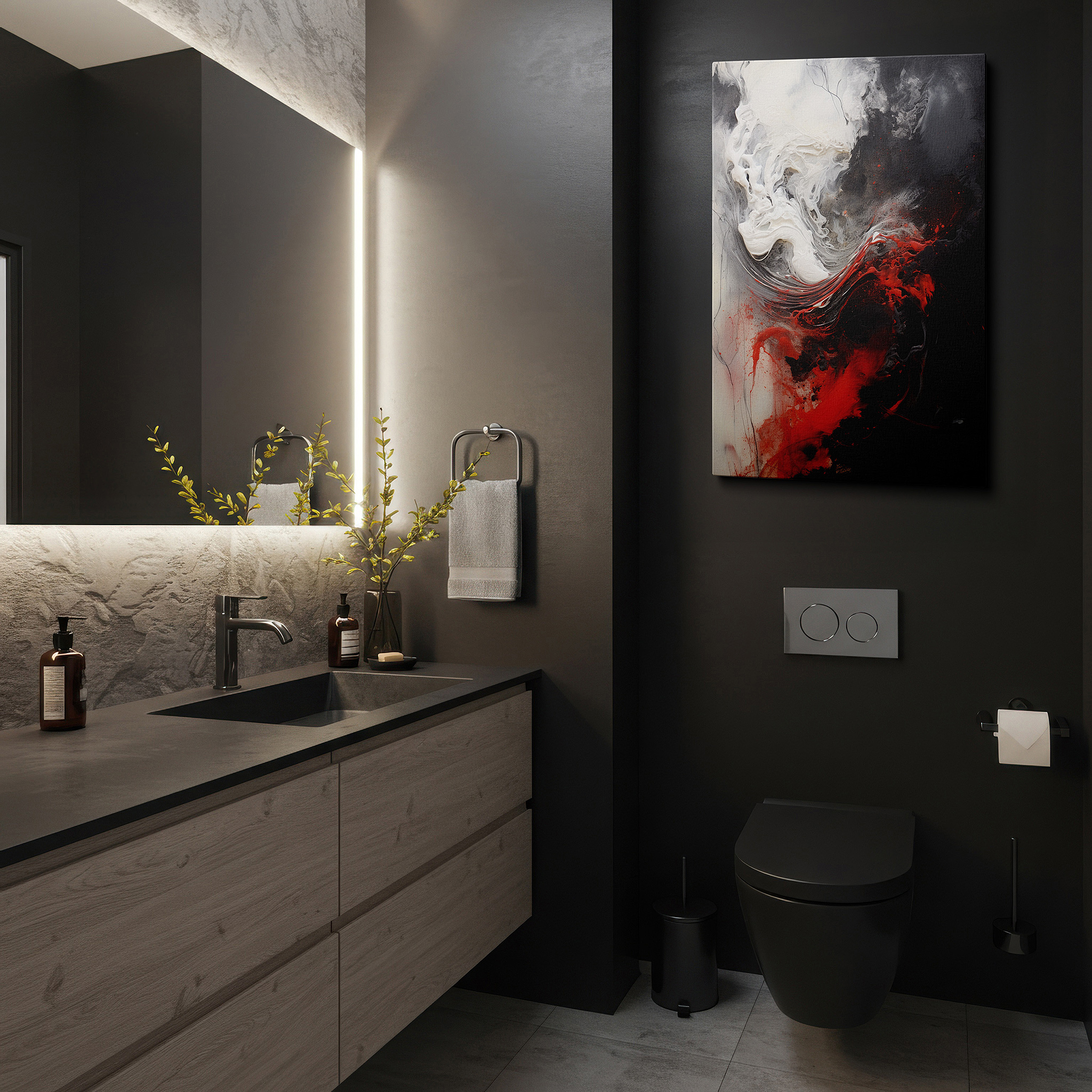 Close-up shows rich pigment, color blending, and brushwork texture — dynamic abstract forms in black and red: a visual symphony evoking emotion - large canvas wall art for office decor