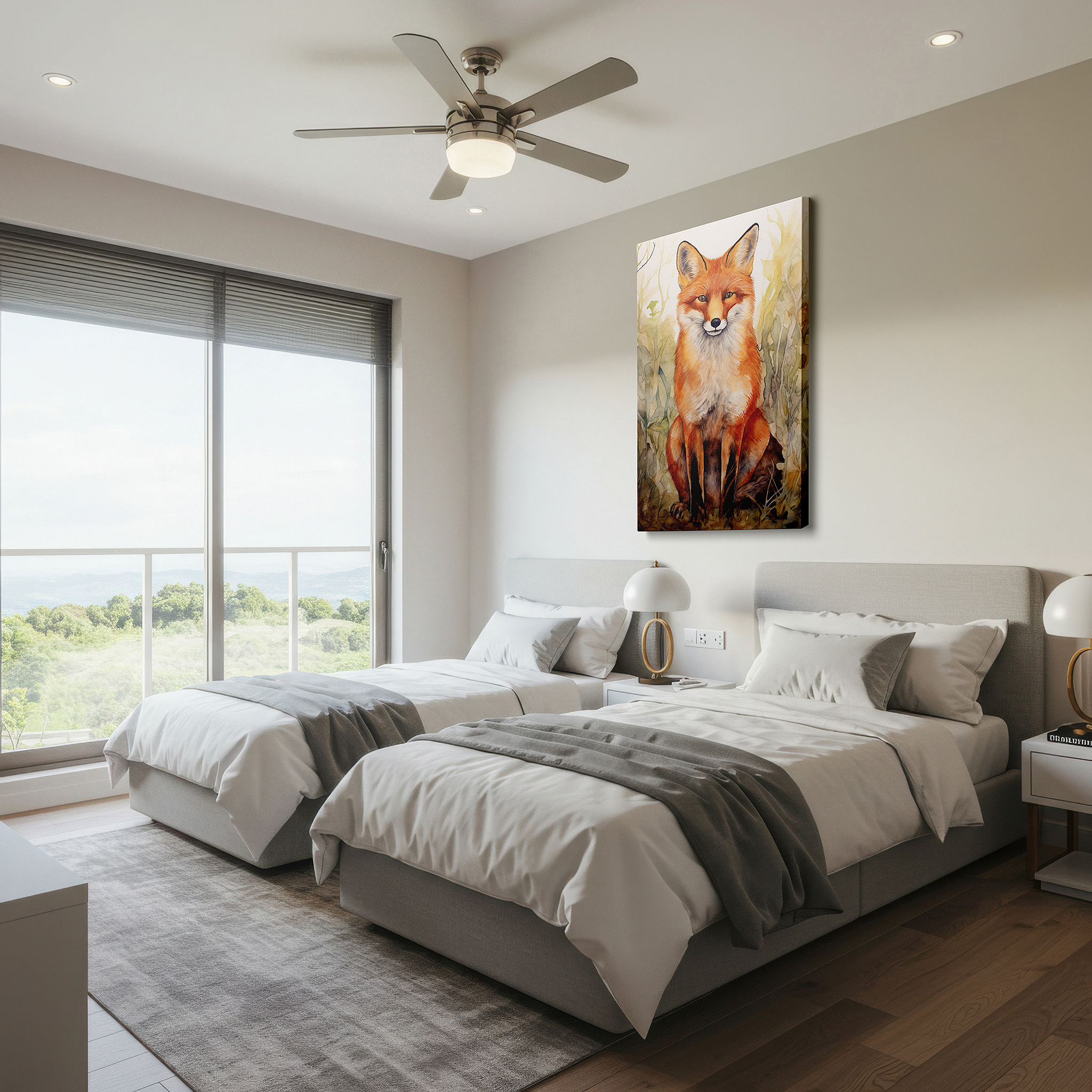 Close-up shows rich pigment, color blending, and brushwork texture — enchanting fox in tranquil vigilance: a masterful watercolor depiction of the wild spirit, large wall art, canvas wall art