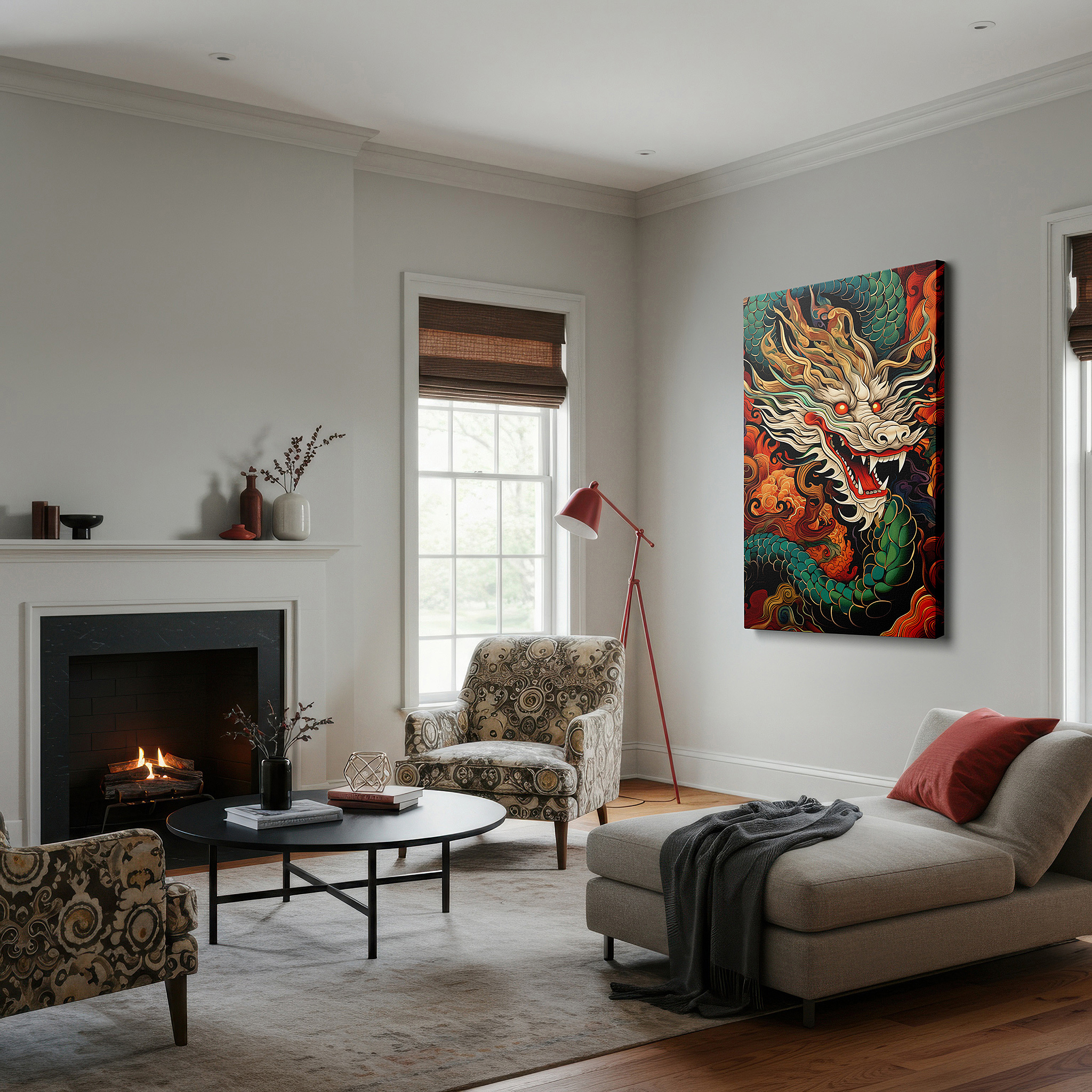 Close-up shows rich pigment, color blending, and brushwork texture — fiery dragon in majestic whirlwind: eastern mythology and power-themed large canvas wall art for office decor