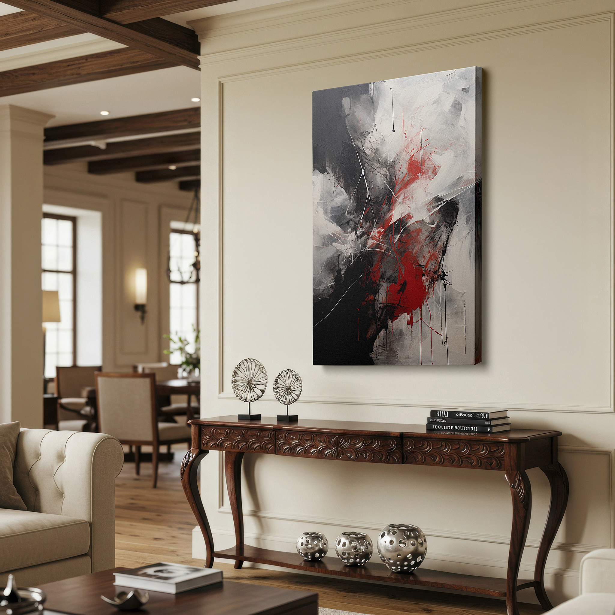 Close-up shows rich pigment, color blending, and brushwork texture — fiery red and deep black dynamic interplay evokes passion and turmoil - large canvas wall art for office and bedroom decor
