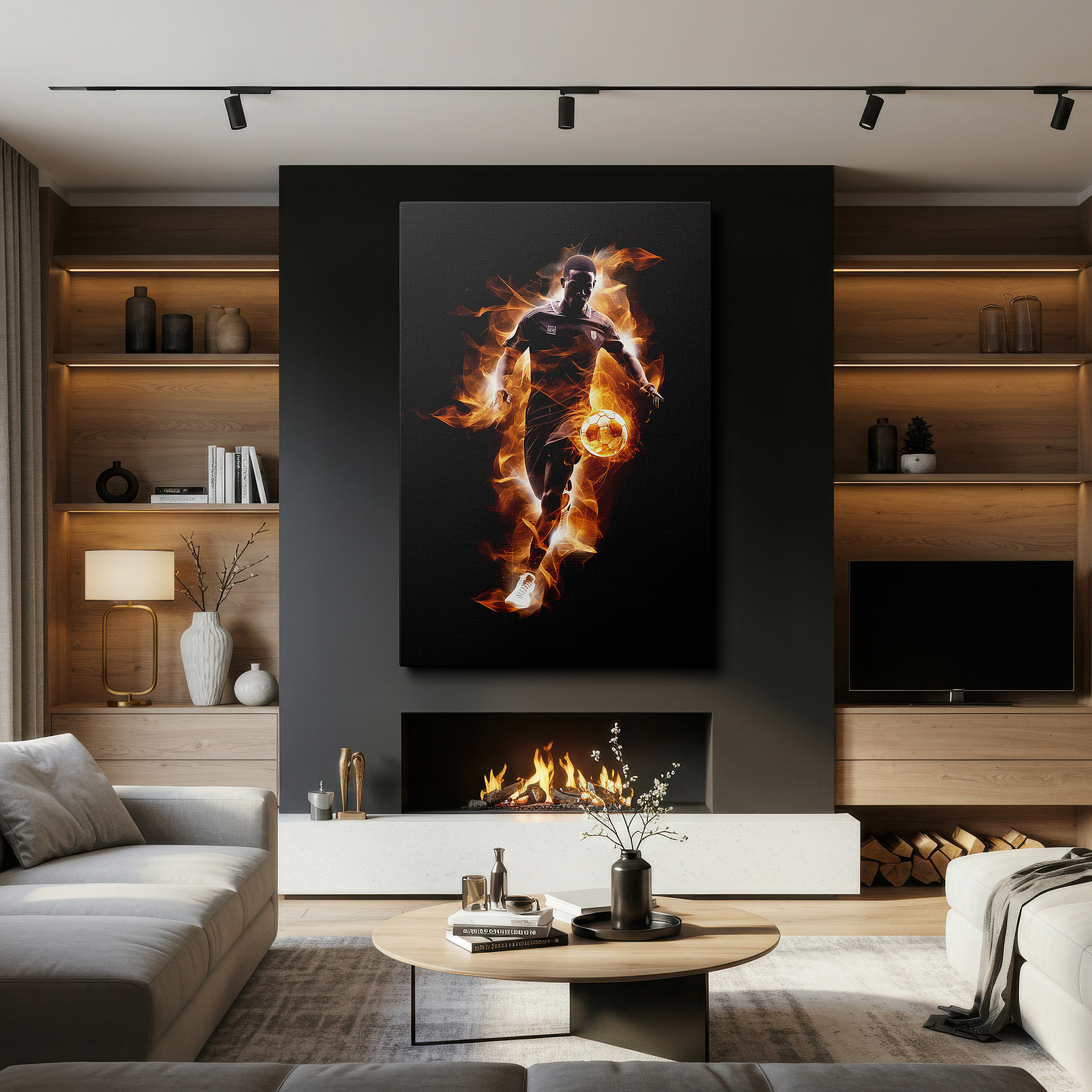 Close-up shows rich pigment, color blending, and brushwork texture — fiery soccer spirit wall art - capturing the essence of passion and intensity in motion, perfect for office, bedroom, or living room decor