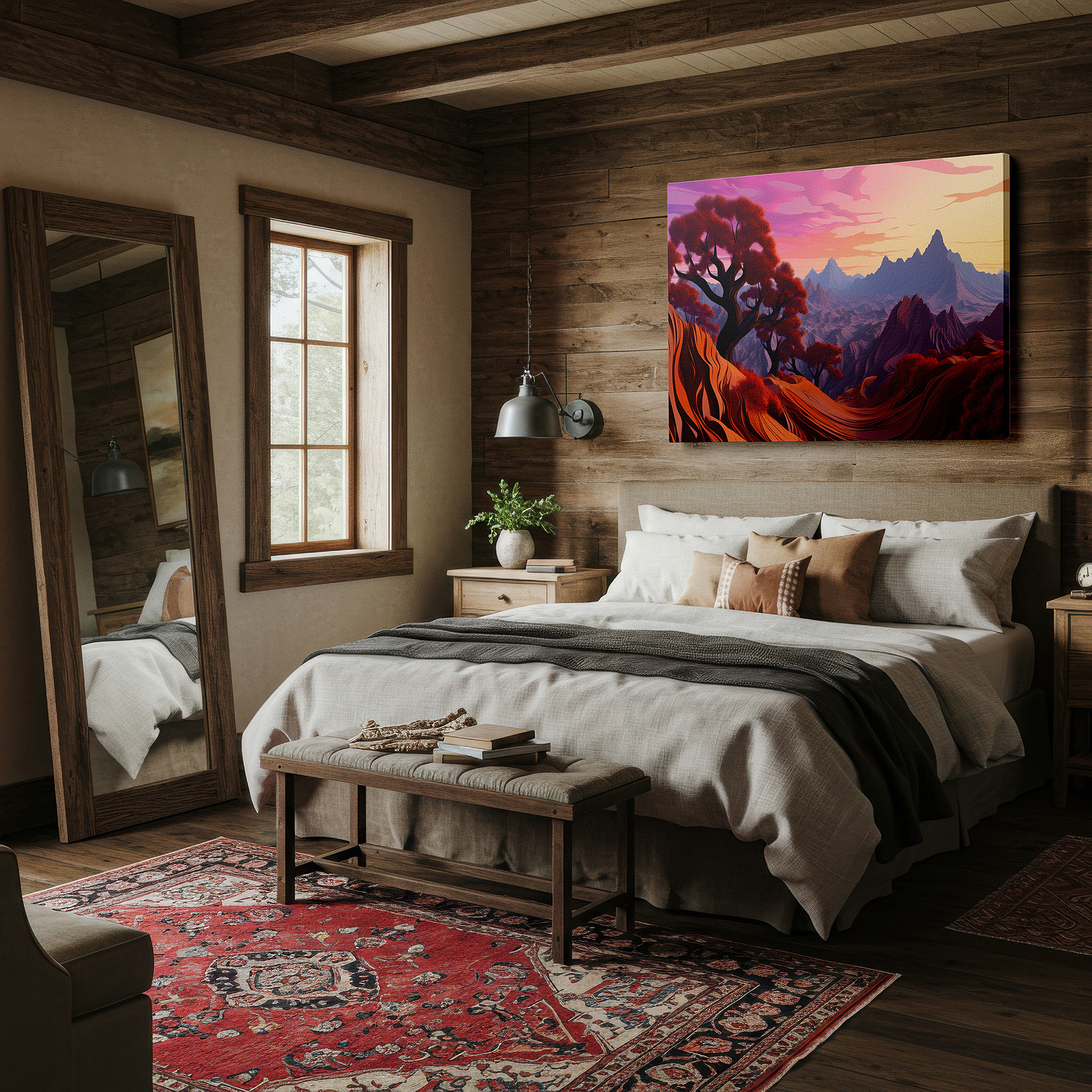 Close-up shows rich pigment, color blending, and brushwork texture — fiery sunset and tranquil sky over majestic mountains large canvas wall art for office and bedroom decor