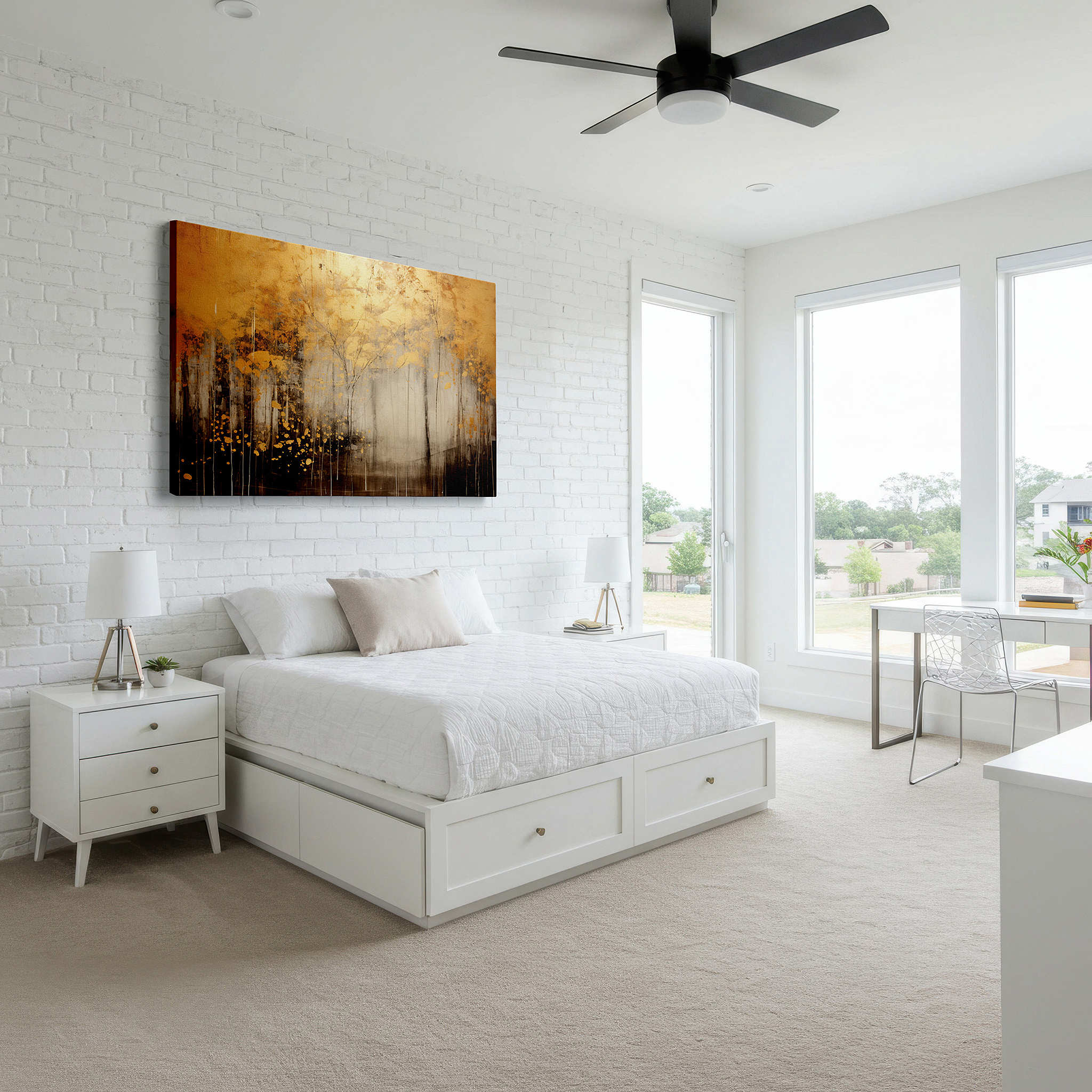 Close-up shows rich pigment, color blending, and brushwork texture — gold and black autumn essence: reflective abstract landscape, large canvas wall art for office and bedroom decor