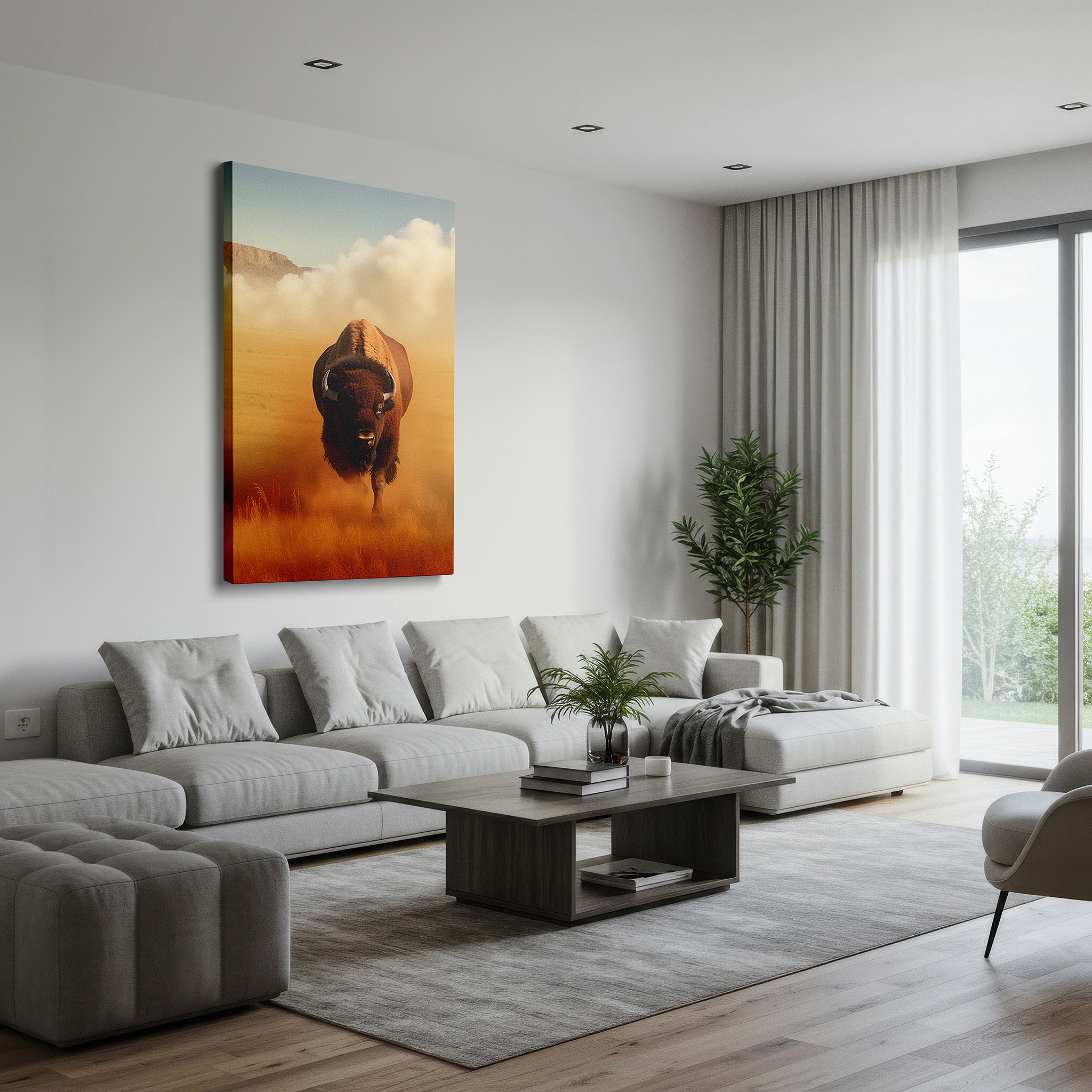 Close-up shows rich pigment, color blending, and brushwork texture — golden dust majestic bison, emblem of strength and freedom in the wild west, large canvas wall art for office decor