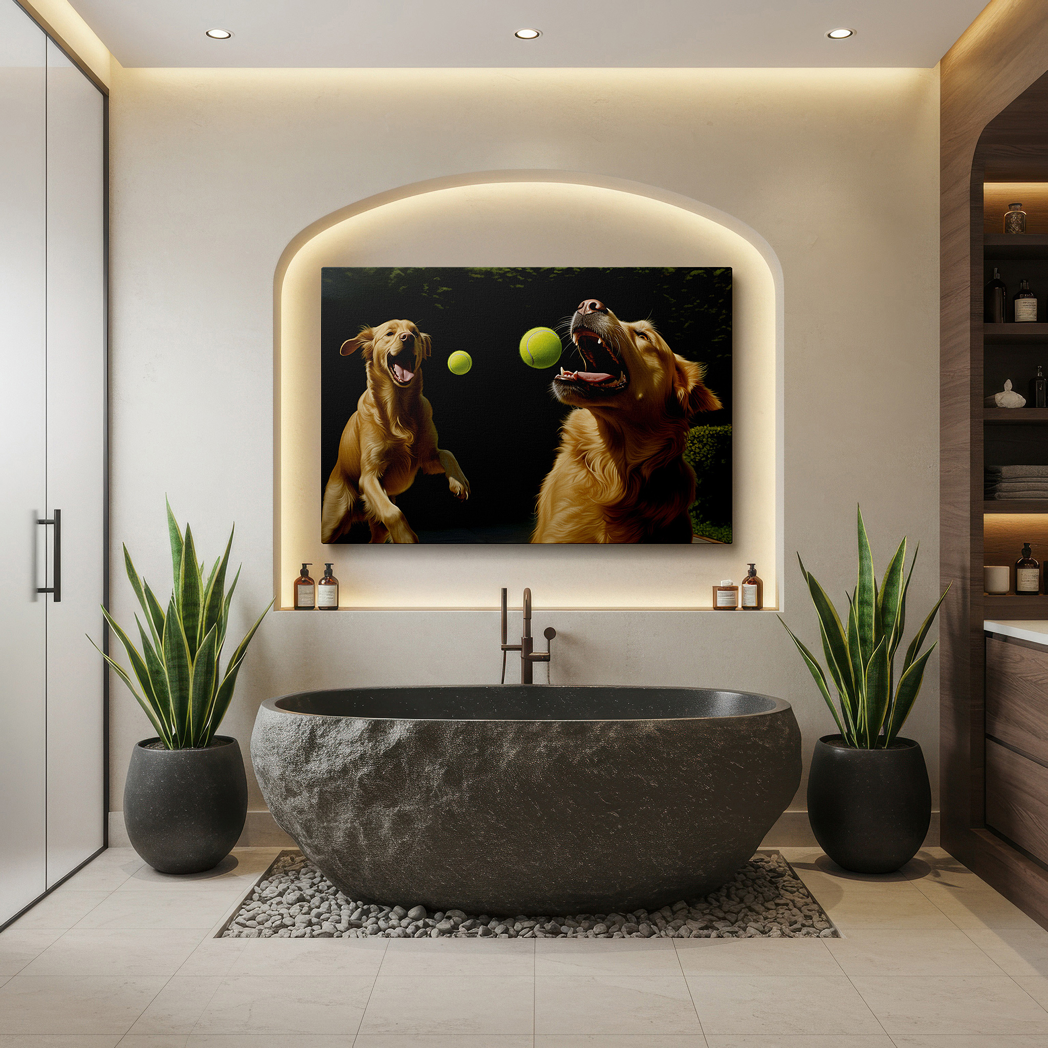 Close-up shows rich pigment, color blending, and brushwork texture — golden retrievers frolicking in a vibrant green landscape: a lively display of happiness and energy - large wall art, canvas wall art, wall decor for office