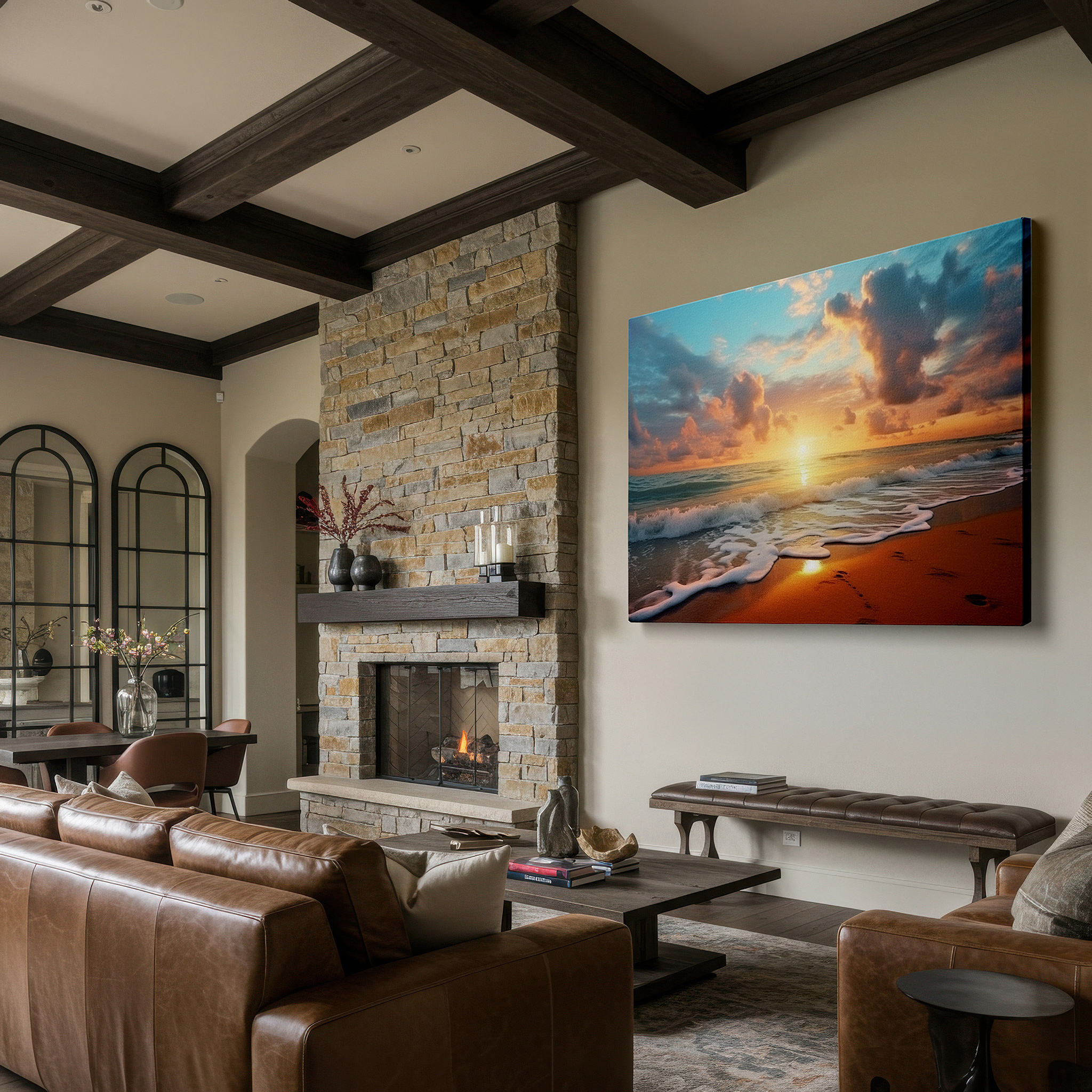 Close-up shows rich pigment, color blending, and brushwork texture — golden sunset serenity with tranquil ocean waves - large canvas wall art for office and bedroom decor