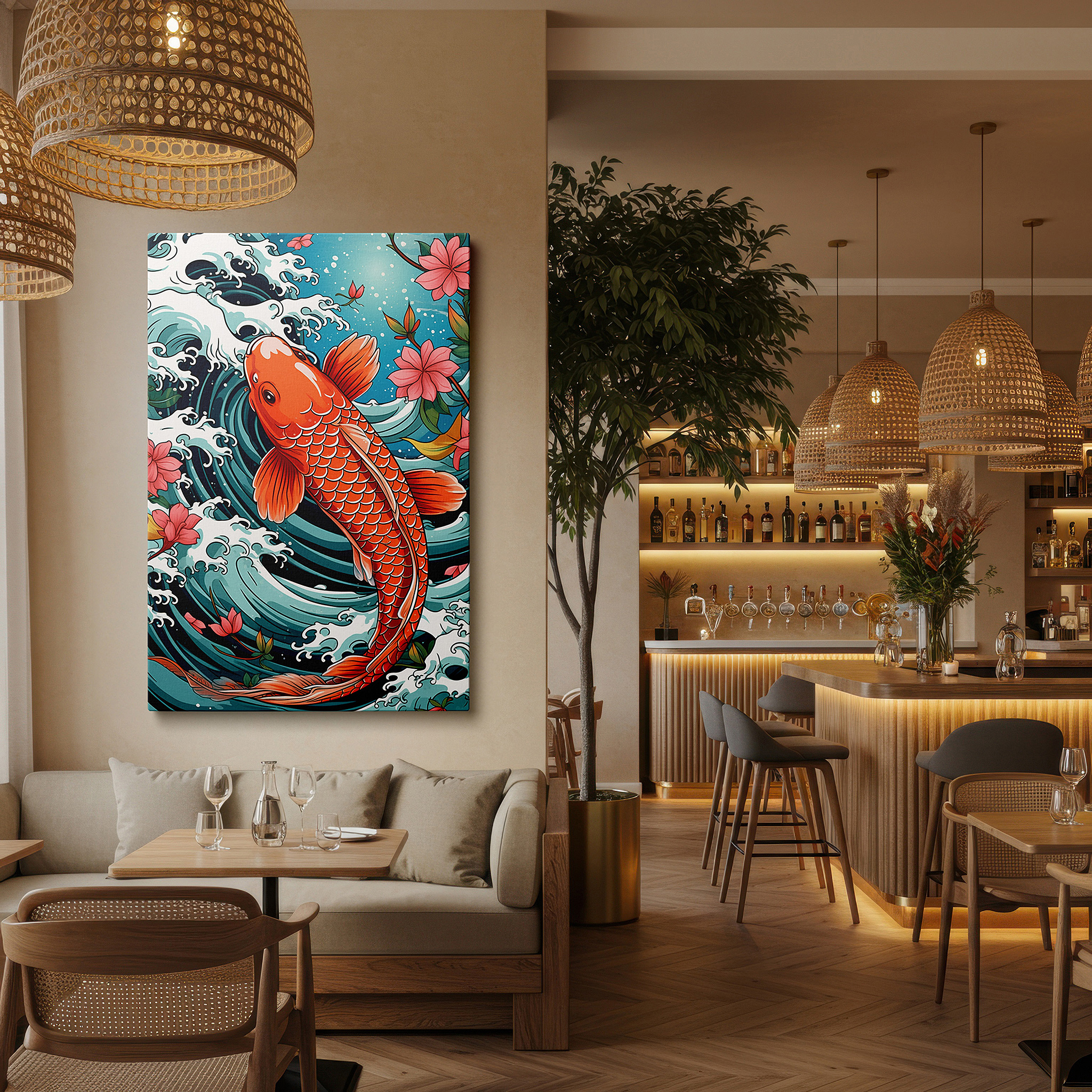Close-up shows rich pigment, color blending, and brushwork texture — koi fish and cherry blossoms: navigating tranquil waters amidst stormy seas - oversized wall art, canvas art, home and office decor, suitable for living rooms and bedrooms