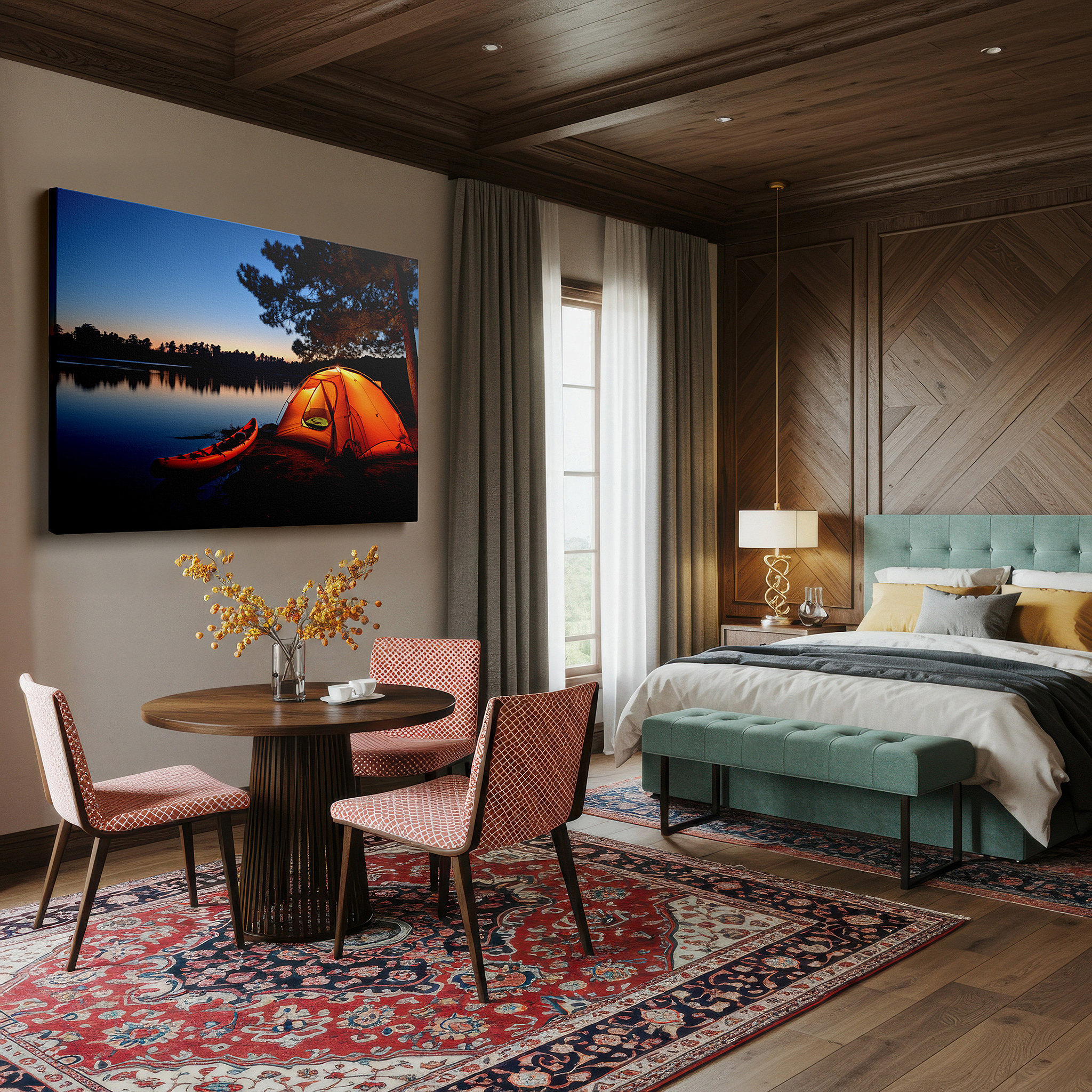 Close-up shows rich pigment, color blending, and brushwork texture — lakeside twilight serenity: glowing tent and resting kayak large canvas wall art for office and bedroom decor