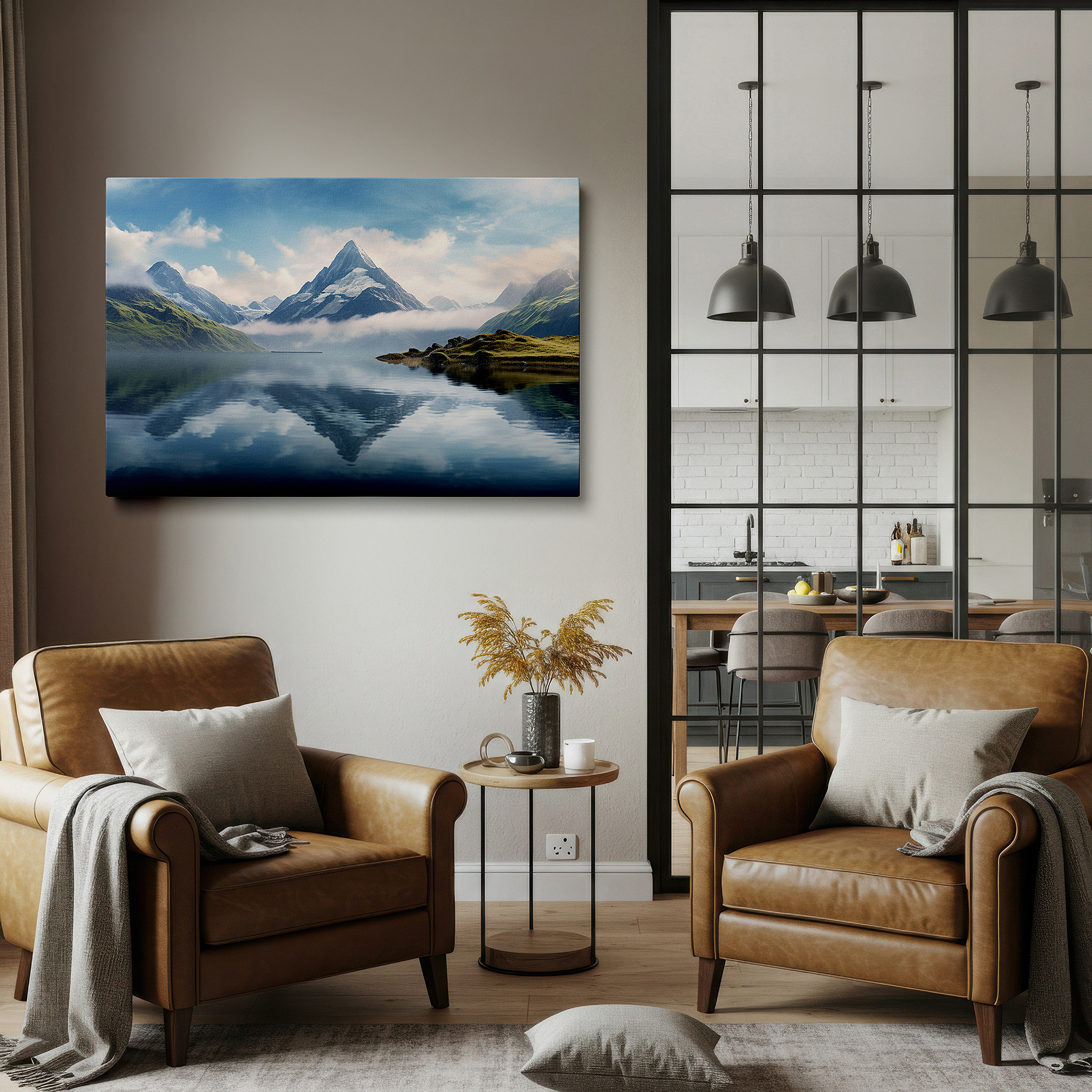Close-up shows rich pigment, color blending, and brushwork texture — majestic mountains and peaceful lake reflections - a calming and refreshing landscape for any space, large wall art, canvas wall art, wall decor