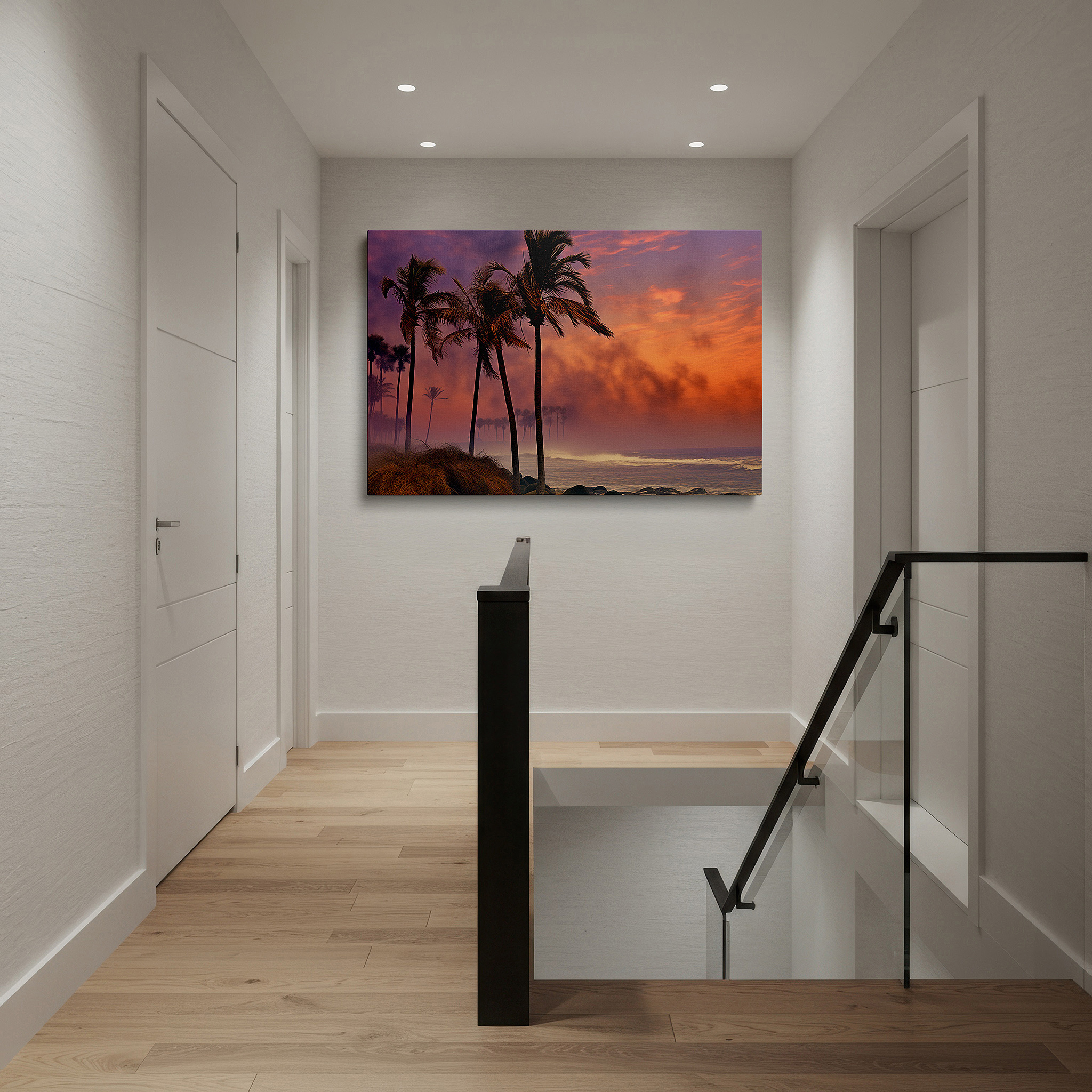 Close-up shows rich pigment, color blending, and brushwork texture — misty serene beachfront dawn, tranquil seascape awakening, large canvas wall art for office decor