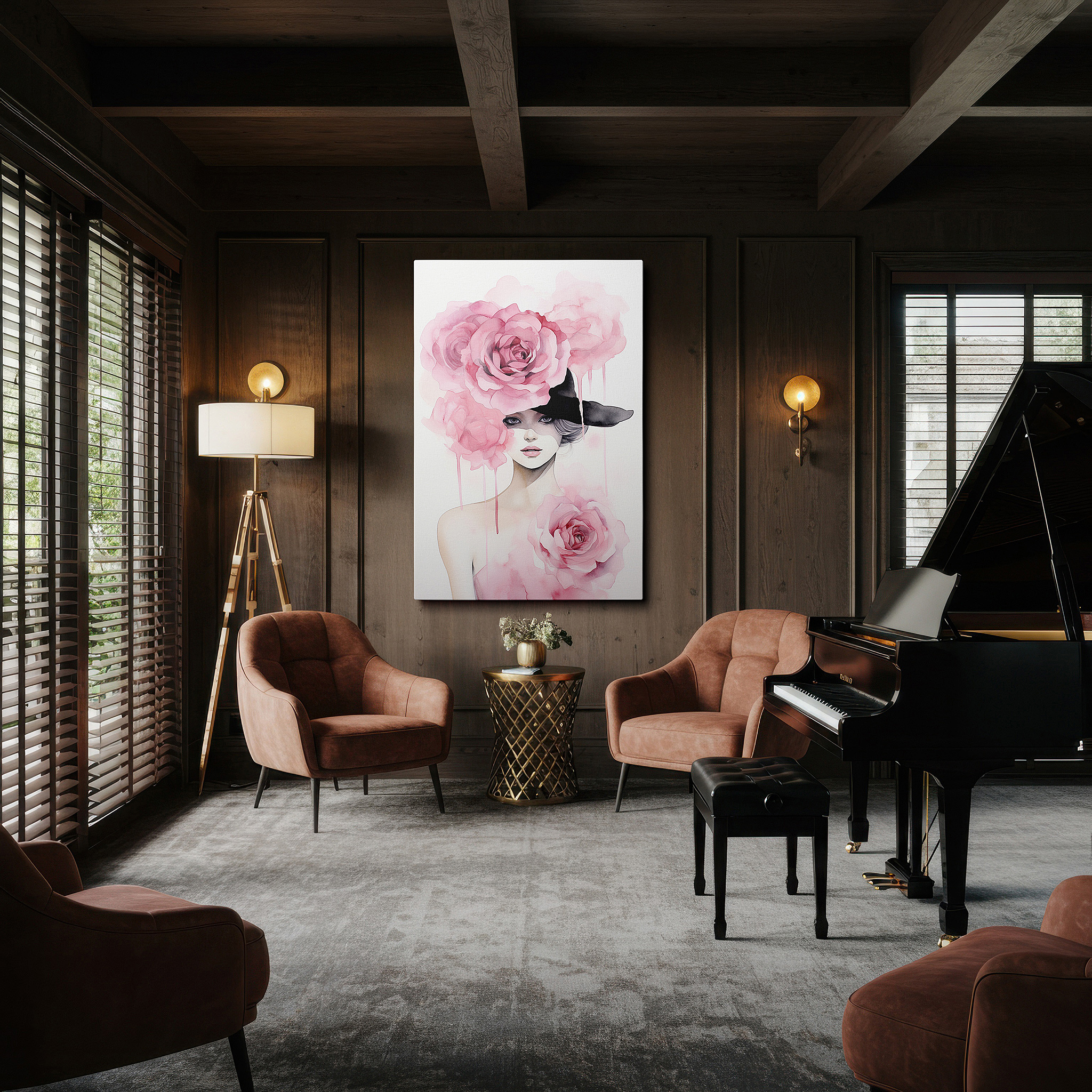 Close-up shows rich pigment, color blending, and brushwork texture — modern elegance in bold femininity: black hat and pink roses - nature-inspired large wall art, canvas wall art, wall decor for office