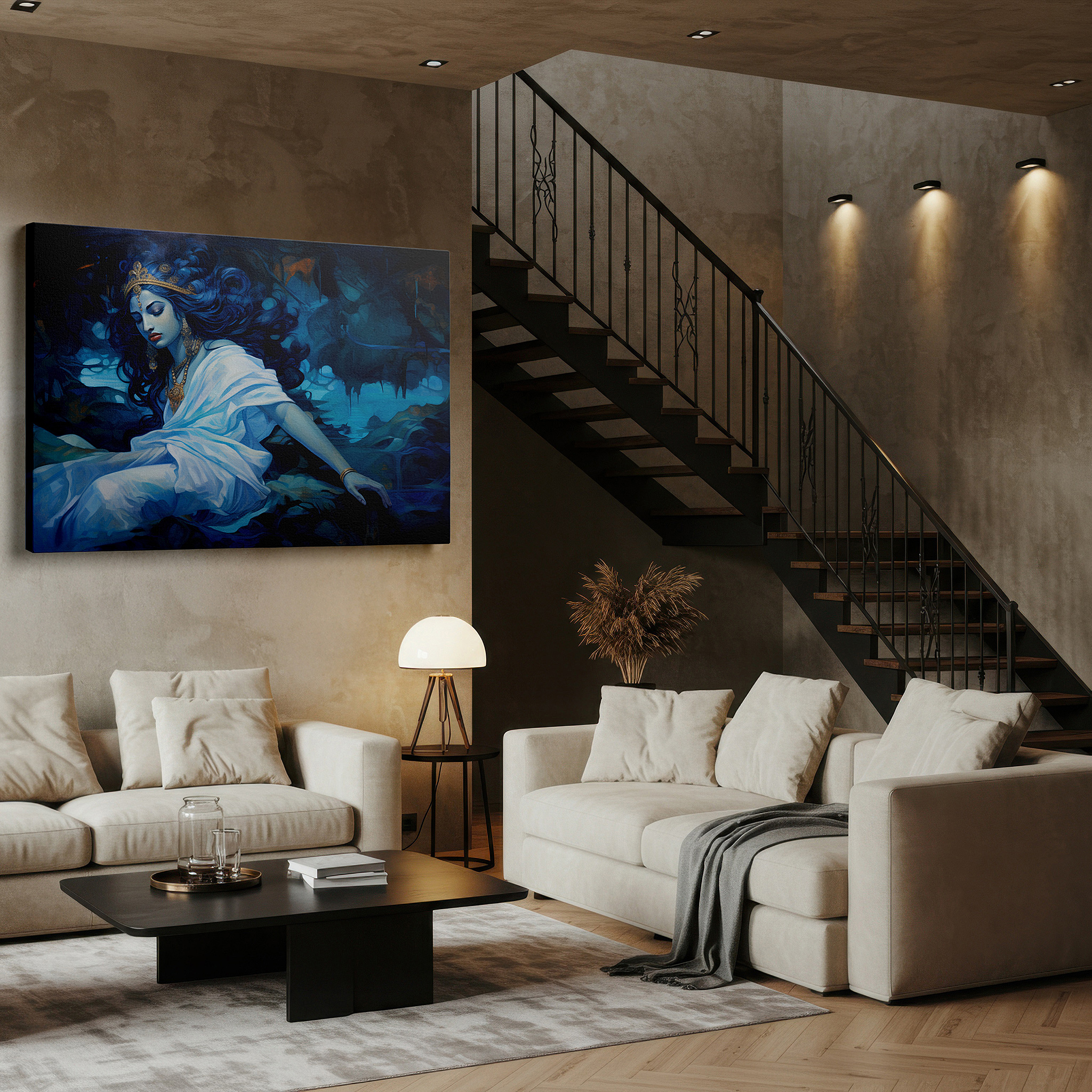 Close-up shows rich pigment, color blending, and brushwork texture — mystical elegance in blue hues: enigmatic figure draped in flowing robes, large wall art, canvas wall art, wall decor, office wall art